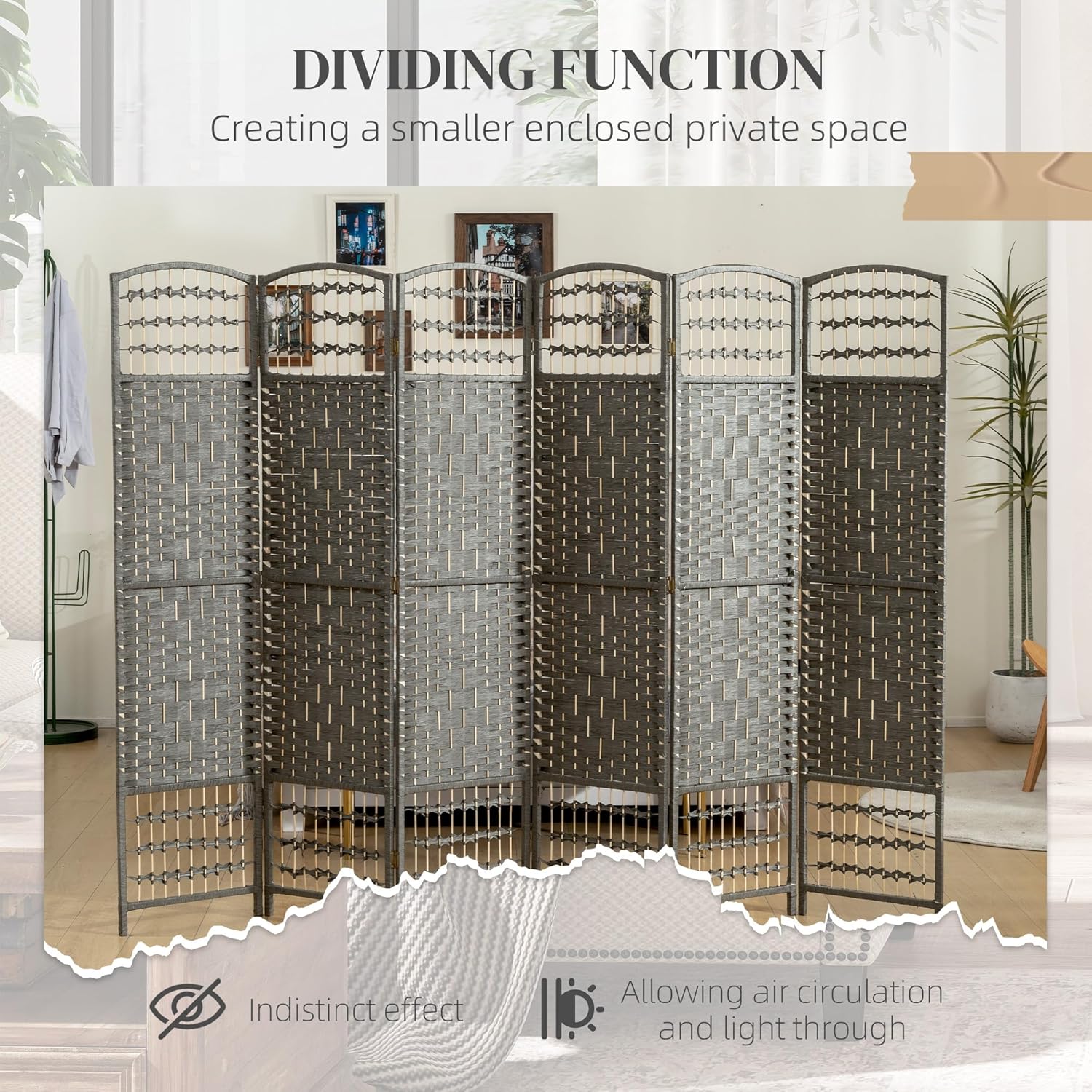 HOMCOM 4 Panel Room Divider, Folding Privacy Screen, 5.6' Room Separator, Wave Fiber Freestanding Partition Wall Divider, Dark Gray