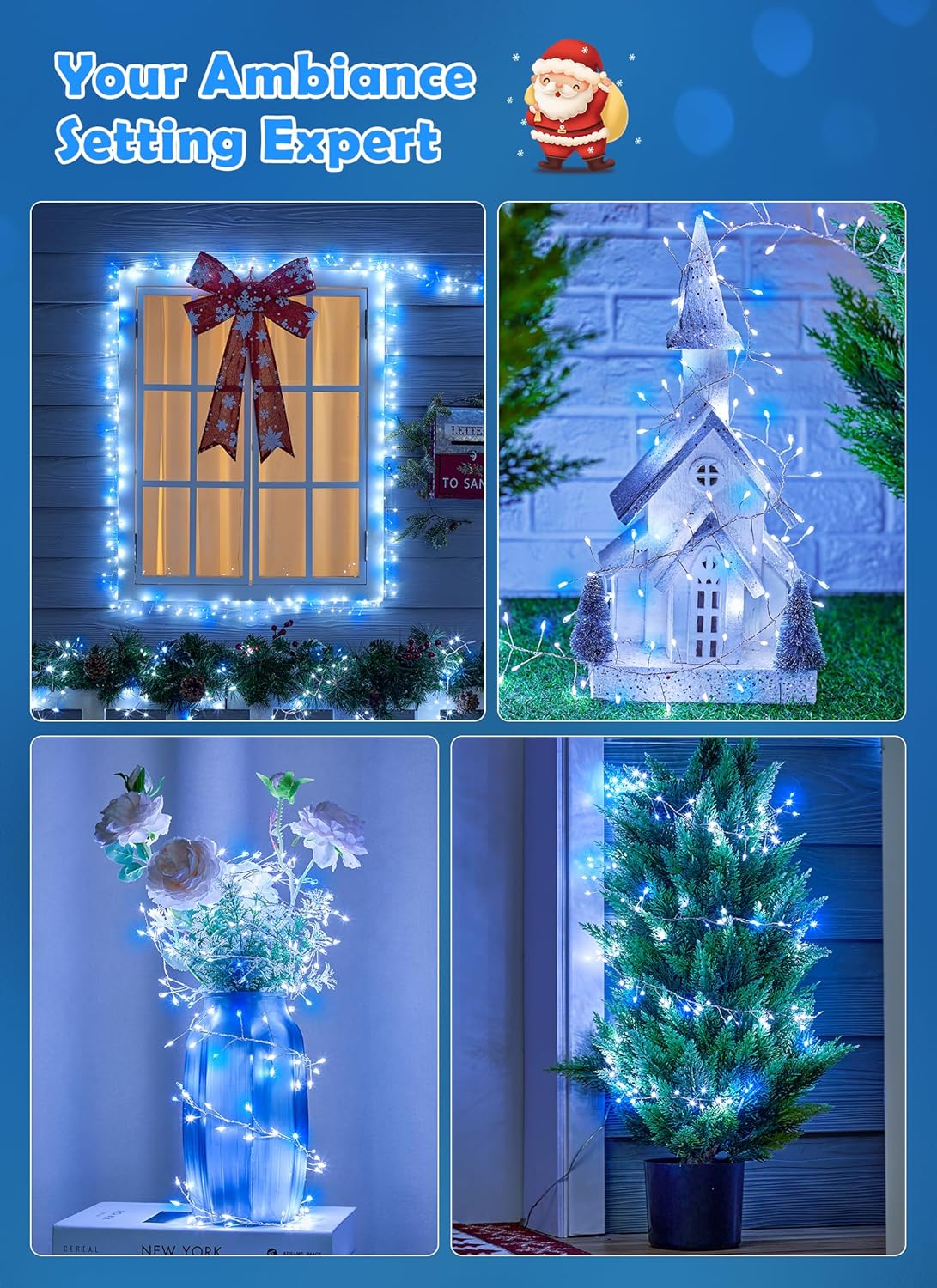 Fairy Lights Plug in, 10ft 200LED Cluster String Lights - Twinkle Copper Wire Christmas Tree Lights Waterproof for Bedroom Decor, Indoor/Outdoor Party, Patio, Garden，Blue White，2pack