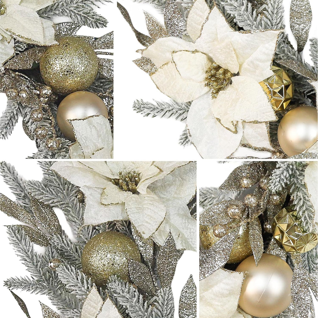 Christmas Wreath Artificial Wreath with White/Silver Balls, Ivory Poinsettias and Gold Leaf for Christmas Holiday Decoration for Home Front Door (Indoor & Outdoor Use)