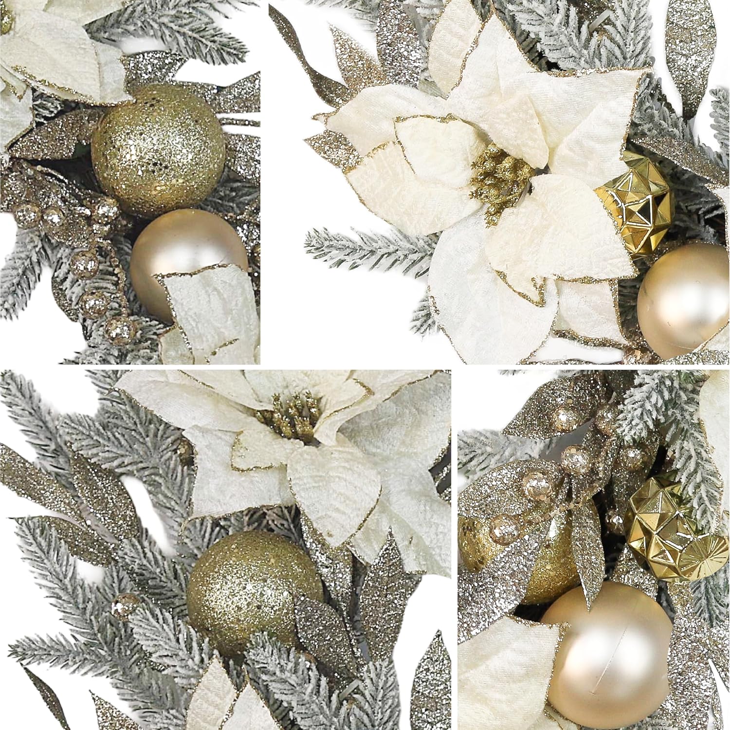 Christmas Wreath Artificial Wreath with White/Silver Balls, Ivory Poinsettias and Gold Leaf for Christmas Holiday Decoration for Home Front Door (Indoor & Outdoor Use)