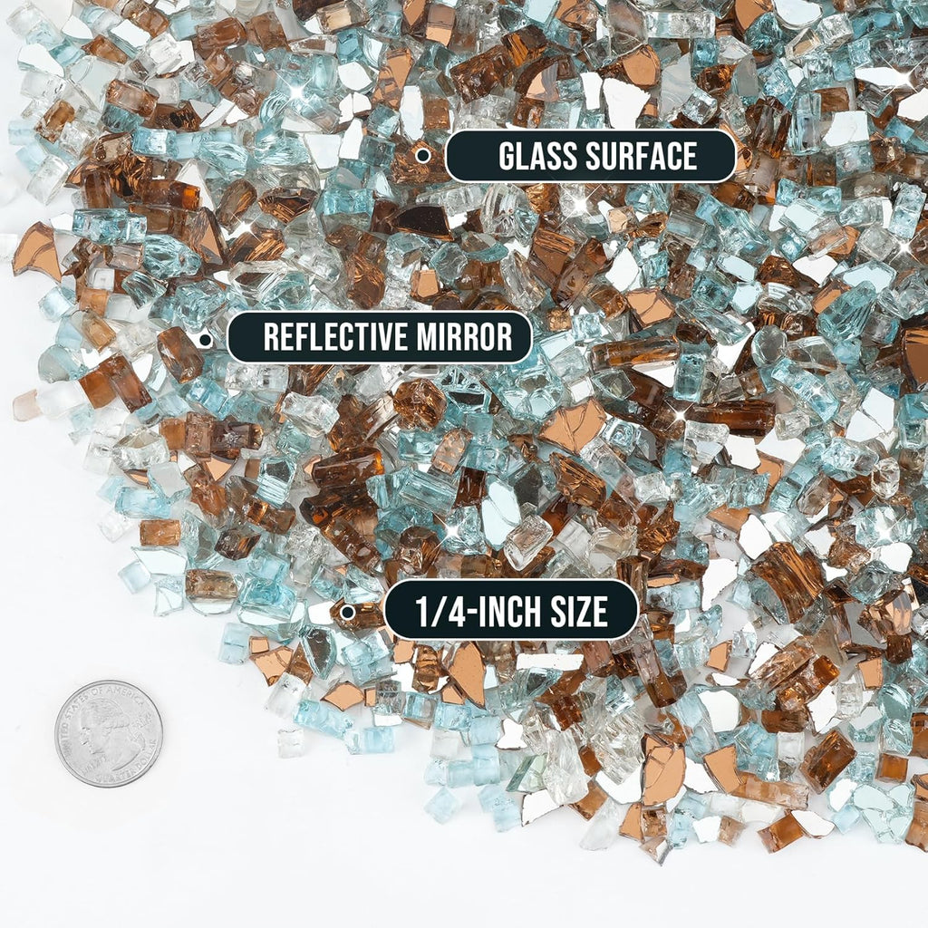 Skyflame 10-Pound Blended Fire Glass for Fire Pit Fireplace Landscaping, 1/4 Inch Aqua Blue, Platinum, Copper Reflective