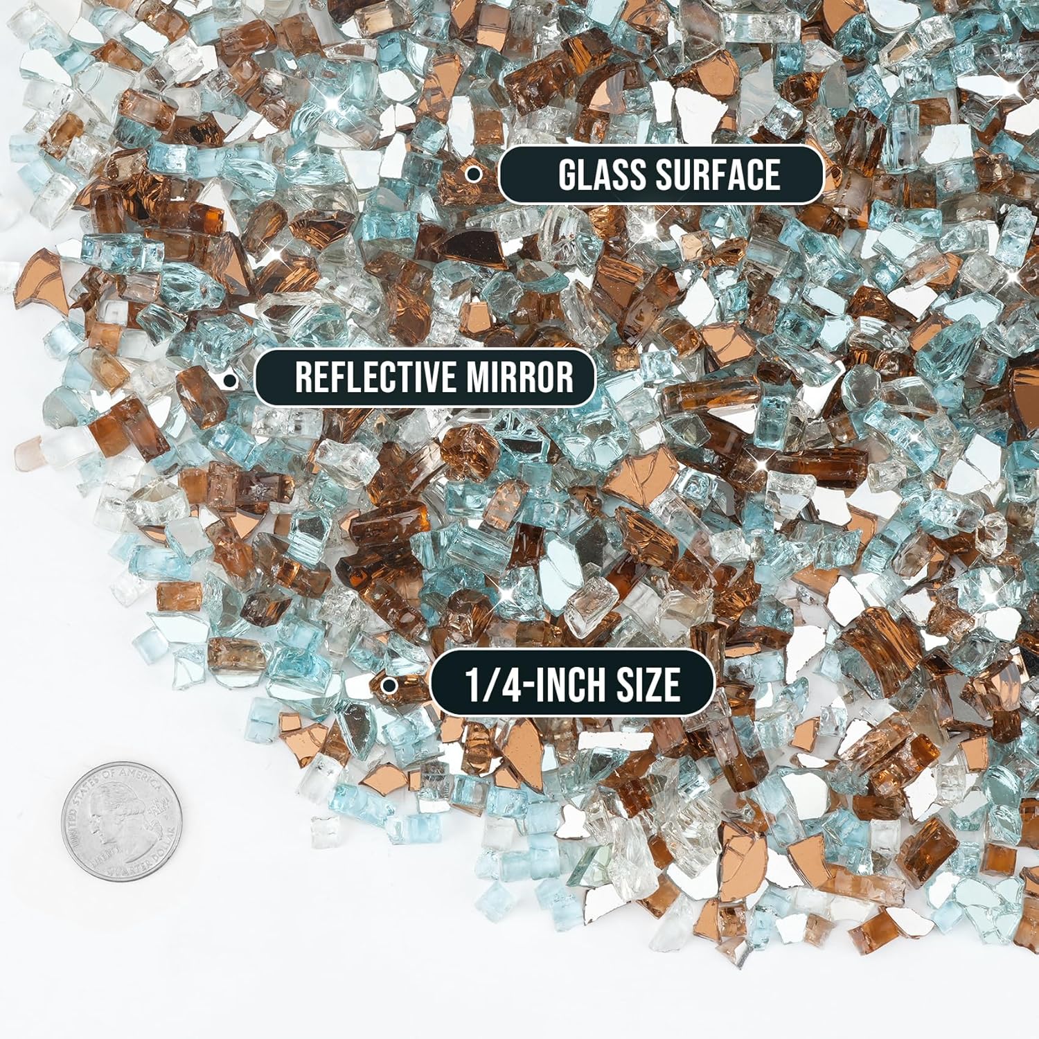 Skyflame 10-Pound Blended Fire Glass for Fire Pit Fireplace Landscaping, 1/4 Inch Aqua Blue, Platinum, Copper Reflective