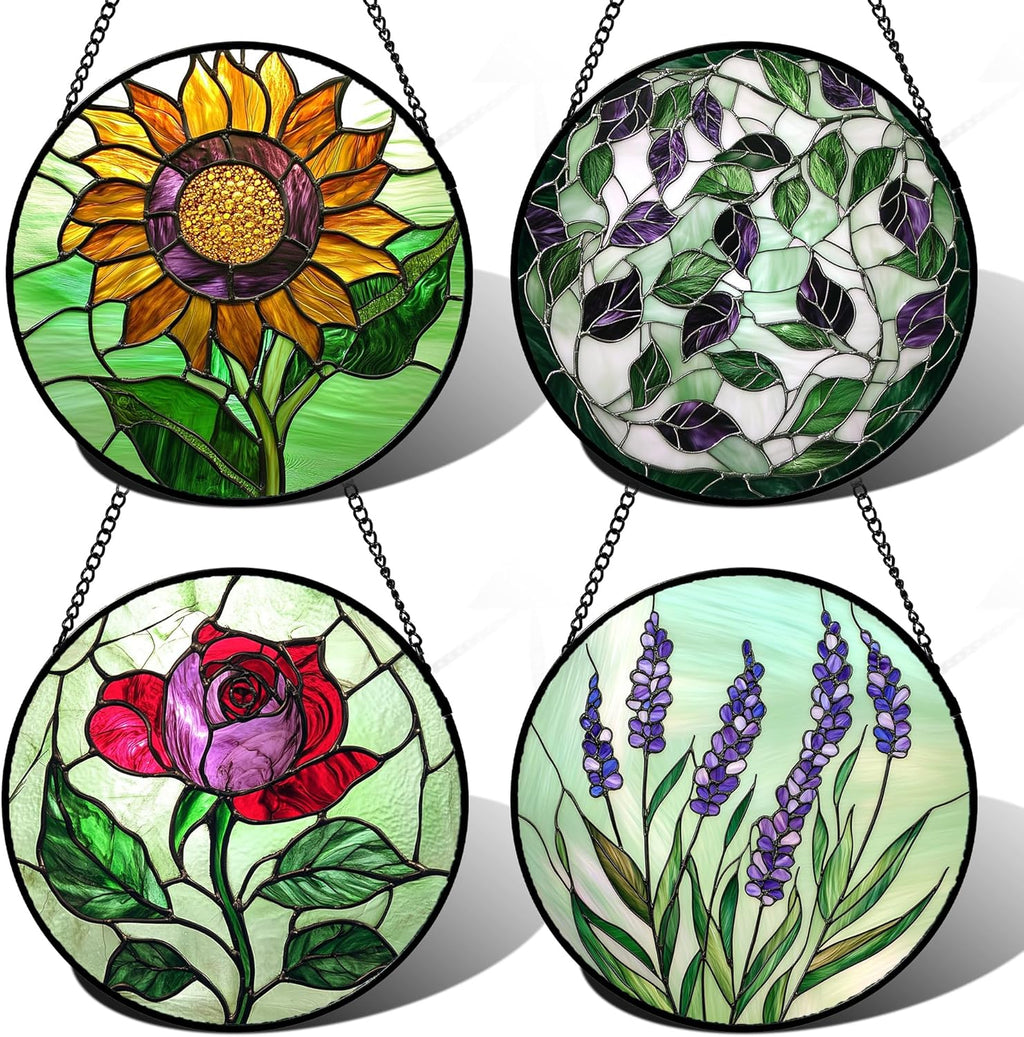 Stained Glass Window Hanging 4 Pcs Set Red Roses Yellow Sunflowers Large 11.8" - Flower Suncatcher Door Garden Sun Catcher Decor Birthday Mother's Day for Mom Woman Nana Girl
