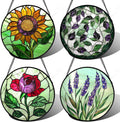 Stained Glass Window Hanging 4 Pcs Set Red Roses Yellow Sunflowers 6.3" - Flower Suncatcher Door Garden Sun Catcher Decor Birthday Mother's Day for Mom Woman Nana Girl