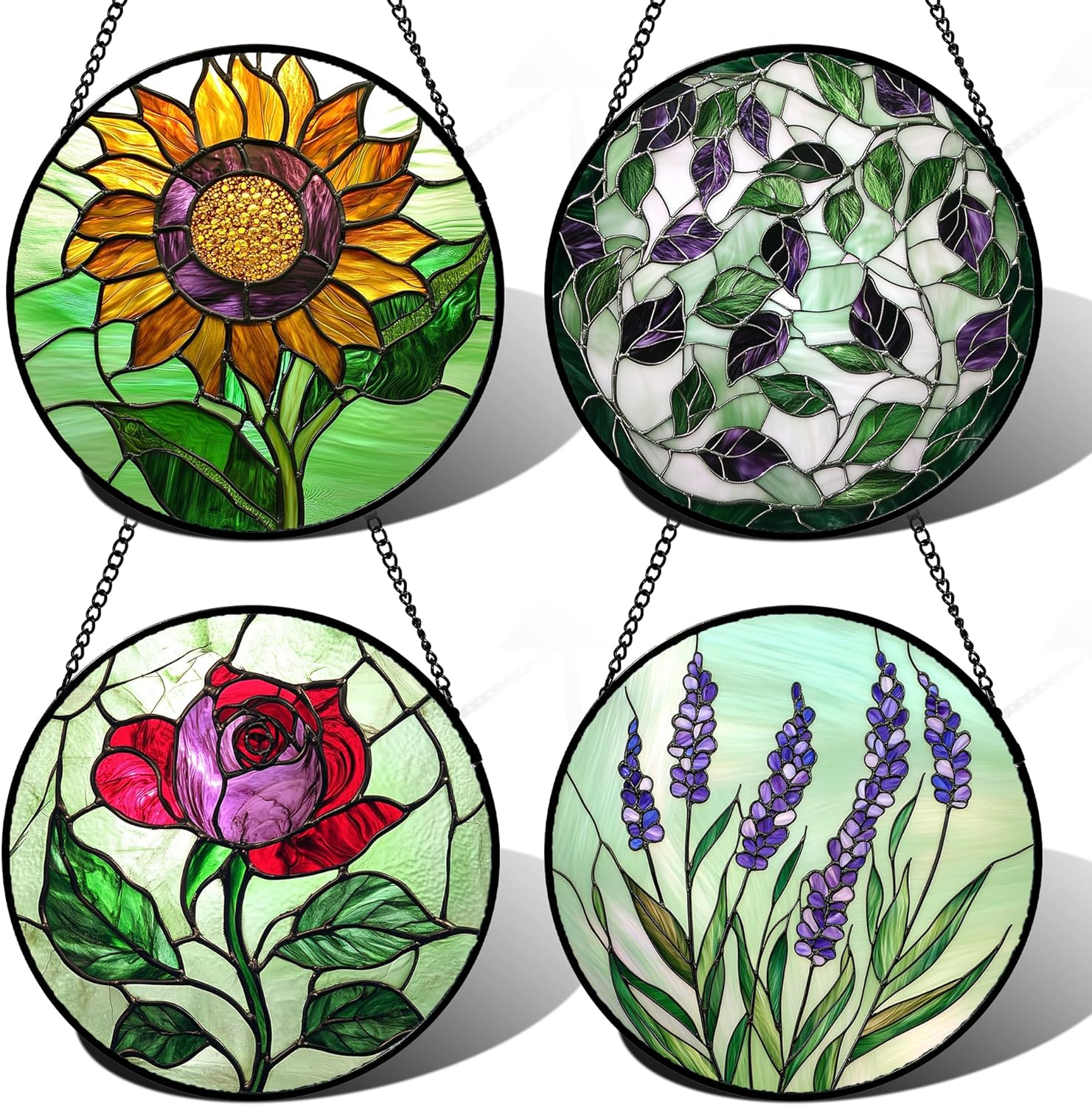 Stained Glass Window Hanging 4 Pcs Set Red Roses Yellow Sunflowers 6.3" - Flower Suncatcher Door Garden Sun Catcher Decor Birthday Mother's Day for Mom Woman Nana Girl
