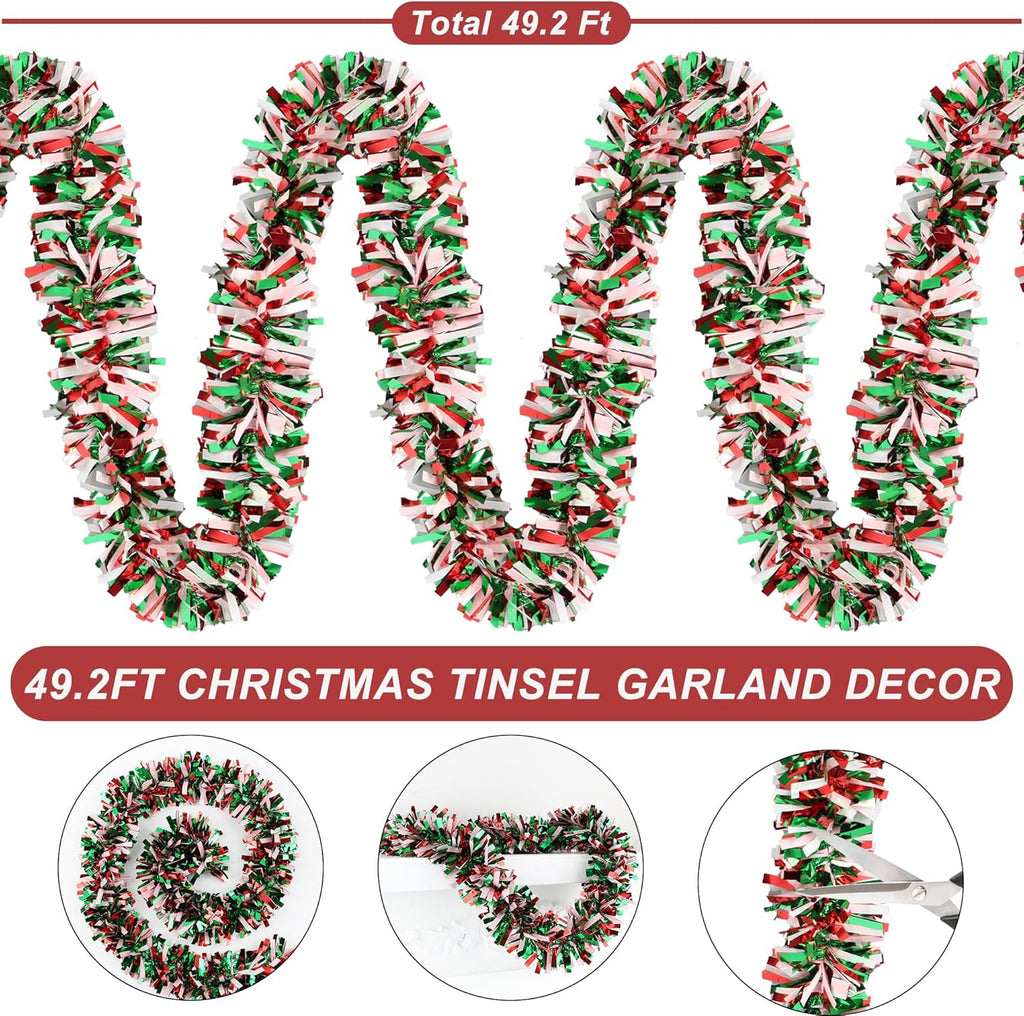 50 Feet Red Green White Christmas Tinsel Garland Metallic Twist Shiny Hanging Garland for Christmas Tree Decorations Xmas Holiday Garland for Home Indoor Outdoor Party Supplies Decor - Red Green White