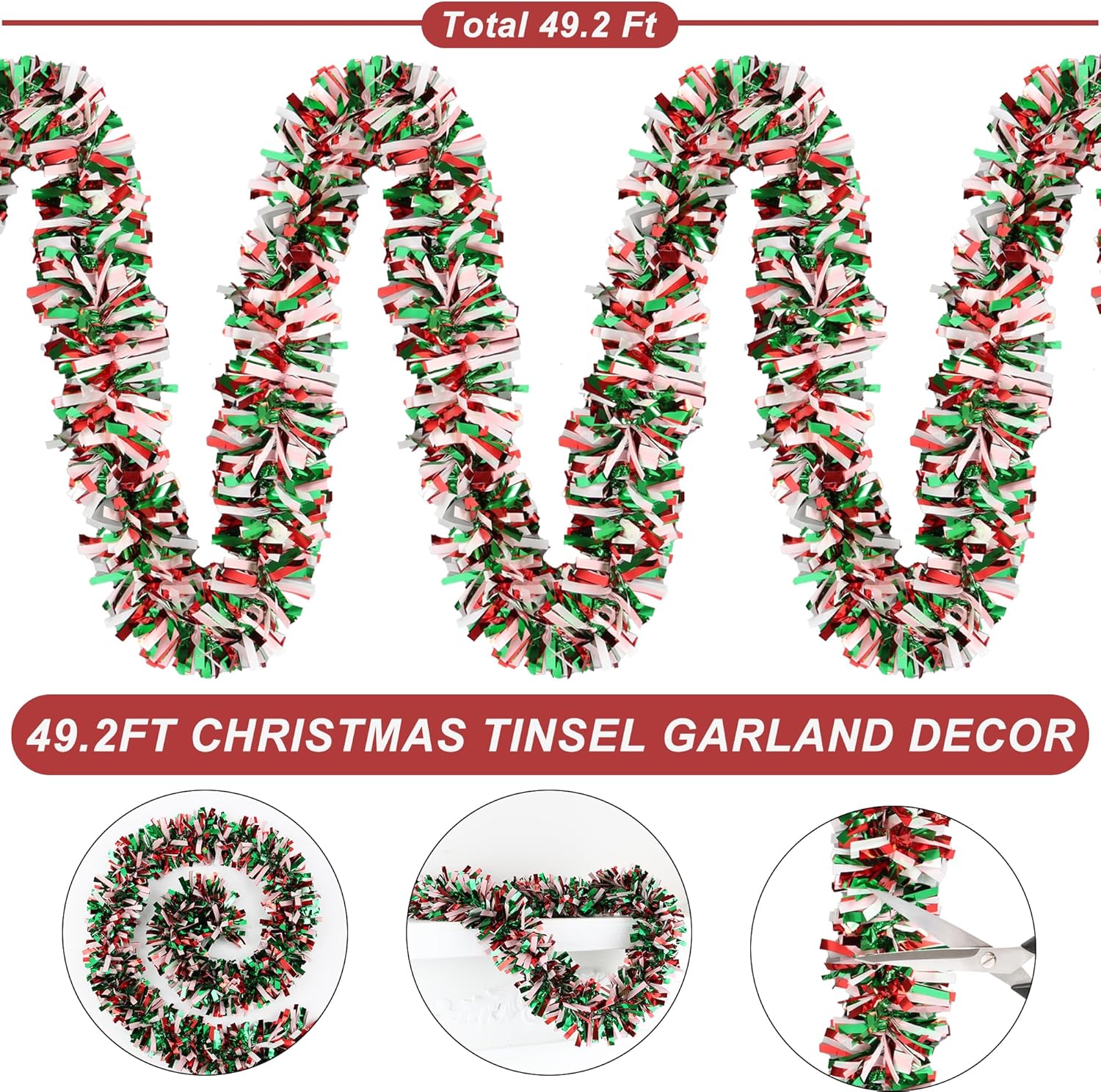 50 Feet Red Green White Christmas Tinsel Garland Metallic Twist Shiny Hanging Garland for Christmas Tree Decorations Xmas Holiday Garland for Home Indoor Outdoor Party Supplies Decor - Red Green White