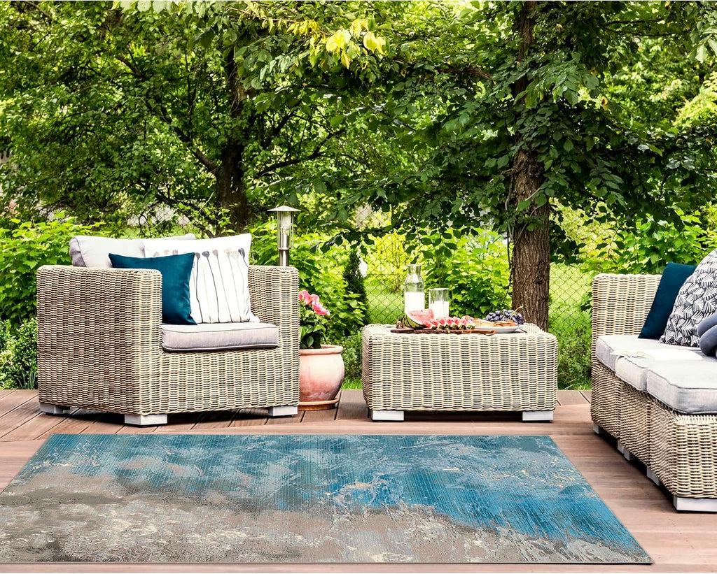 Liora Manne Marina Low Profile Durable Indoor/Outdoor Woven Rug- Surf Ocean 6'6" x 9'4"