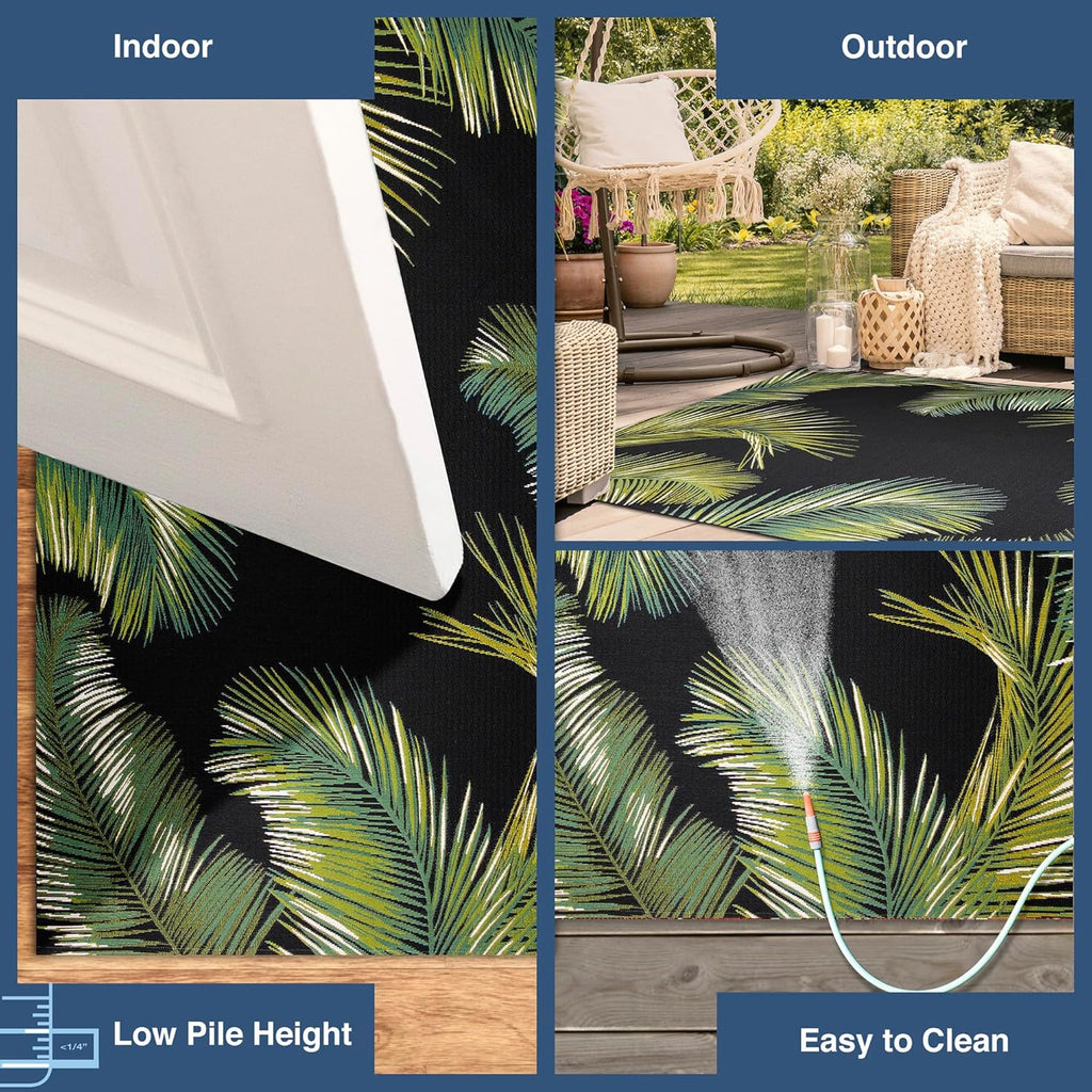 Liora Manne Marina Indoor/Outdoor Power Loomed Synthetic Blend Low Profile Area Rug - Transitional Border Botanical Beach Colorful (Palm Border Black) (7'10" x 9'10")