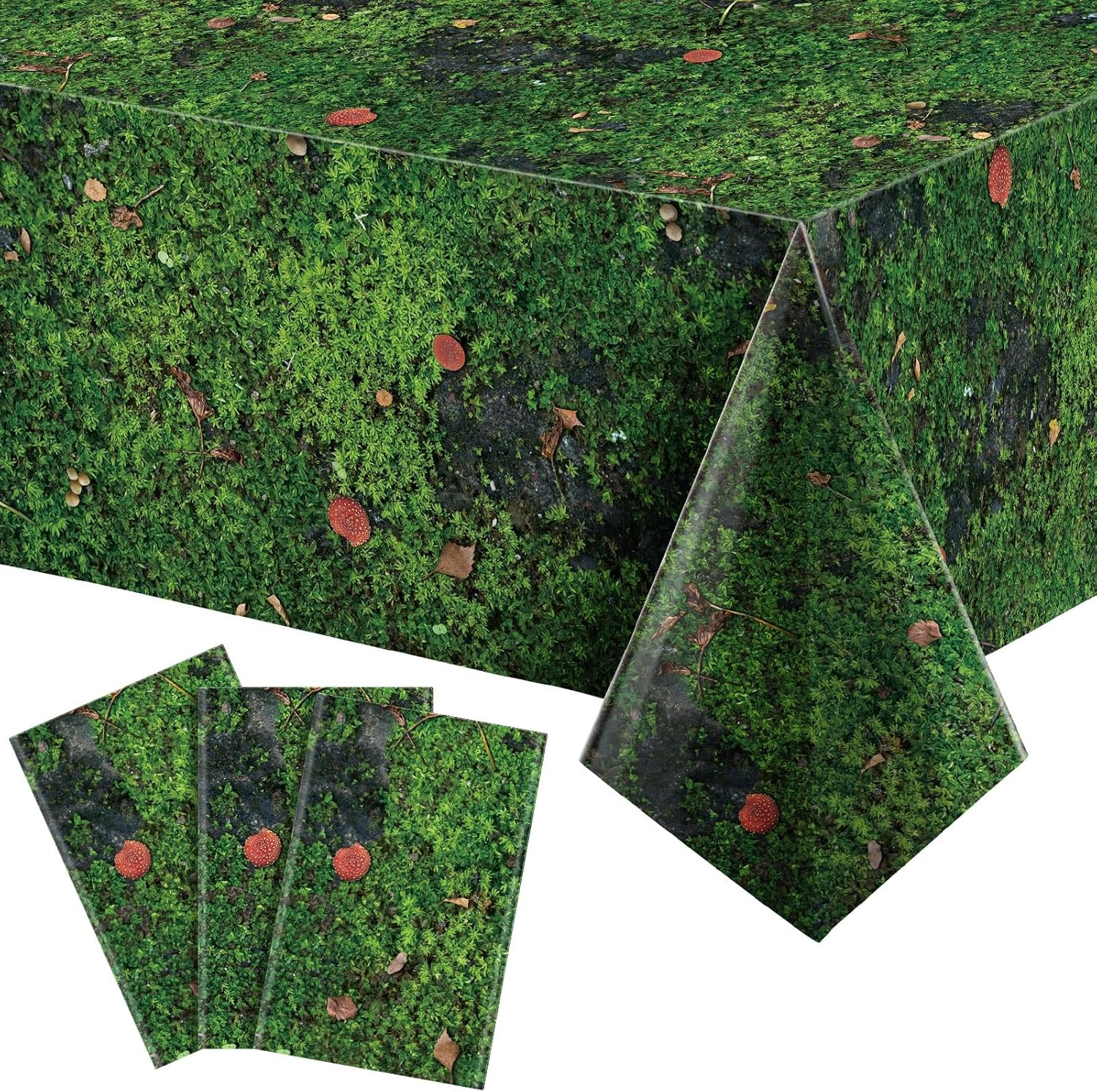 Tiamon 3 Pcs Green Moss Plastic Tablecloth 108 x 54 Inch Grass Leaves Table Cover Disposable Tablecloth for Rectangle Table Forest Jungle Plants Nature Outdoor Picnic Camping Birthday Party Supplies
