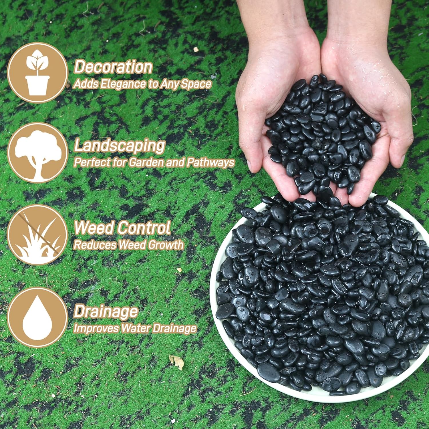 12lb Black Rocks for Planters- 1/4" - 3/4" Polished Black Stones Smooth Flat Pebbles for Fish Tanks Decorative River Rocks for Vases Bonsai Pots Garden Stones for Landscaping and Yards