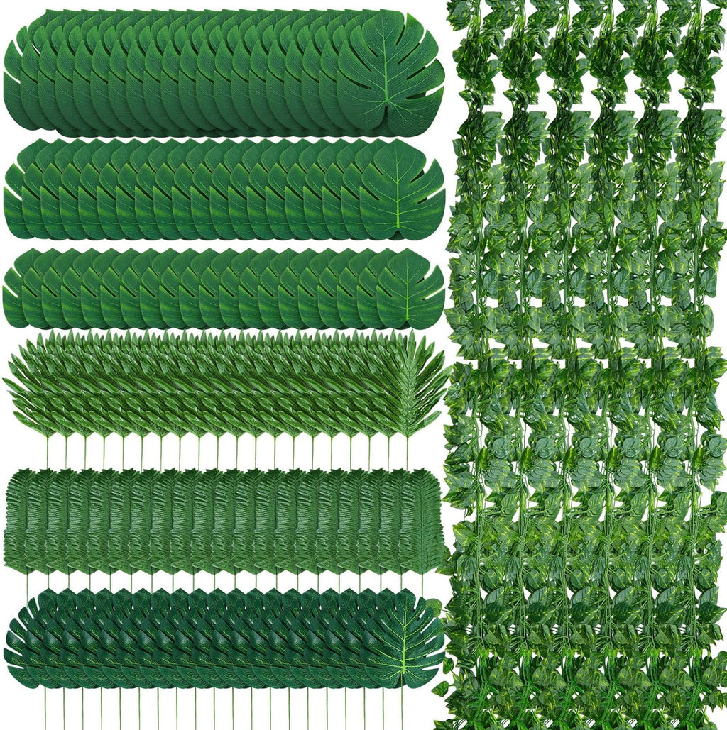 XunYee 168 Pcs Artificial Jungle Vines Tropical Leaf Garland and Monstera Palm Leaves Jungle Decoration Set, Fake Ivy Vines Green Greenery Faux Leaves for Baby Shower Safari Tropical Party Decoration