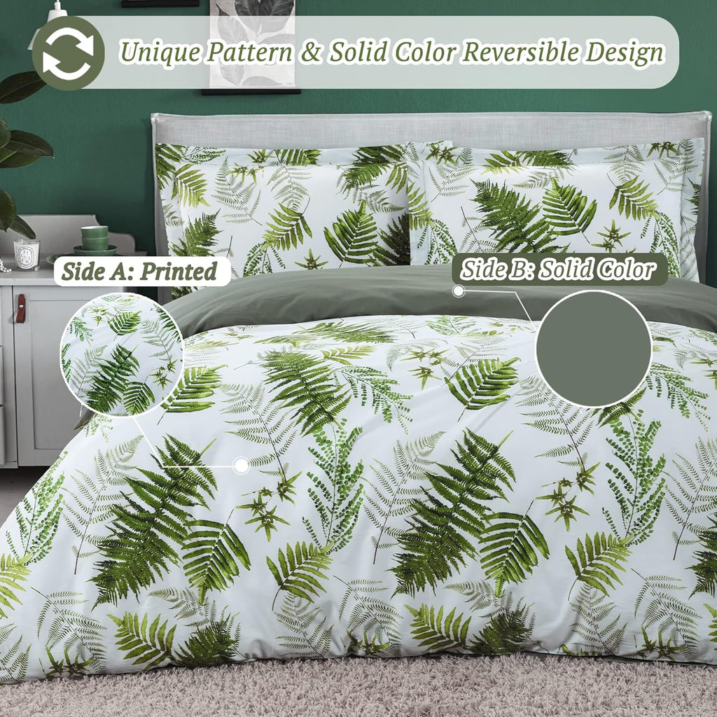 MILDLY 100% Long-Staple Cotton Duvet Cover Set Green Palm Leaf Pattern Printed Comforter Cover 3pcs, Ultra Soft & Breathable Bedding Set