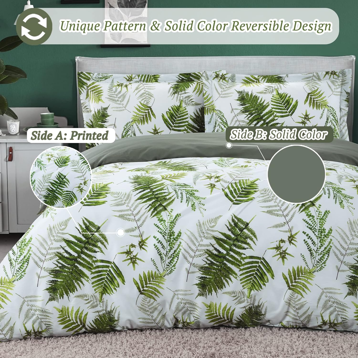 MILDLY 100% Long-Staple Cotton Duvet Cover Set Green Palm Leaf Pattern Printed Comforter Cover 3pcs, Ultra Soft & Breathable Bedding Set