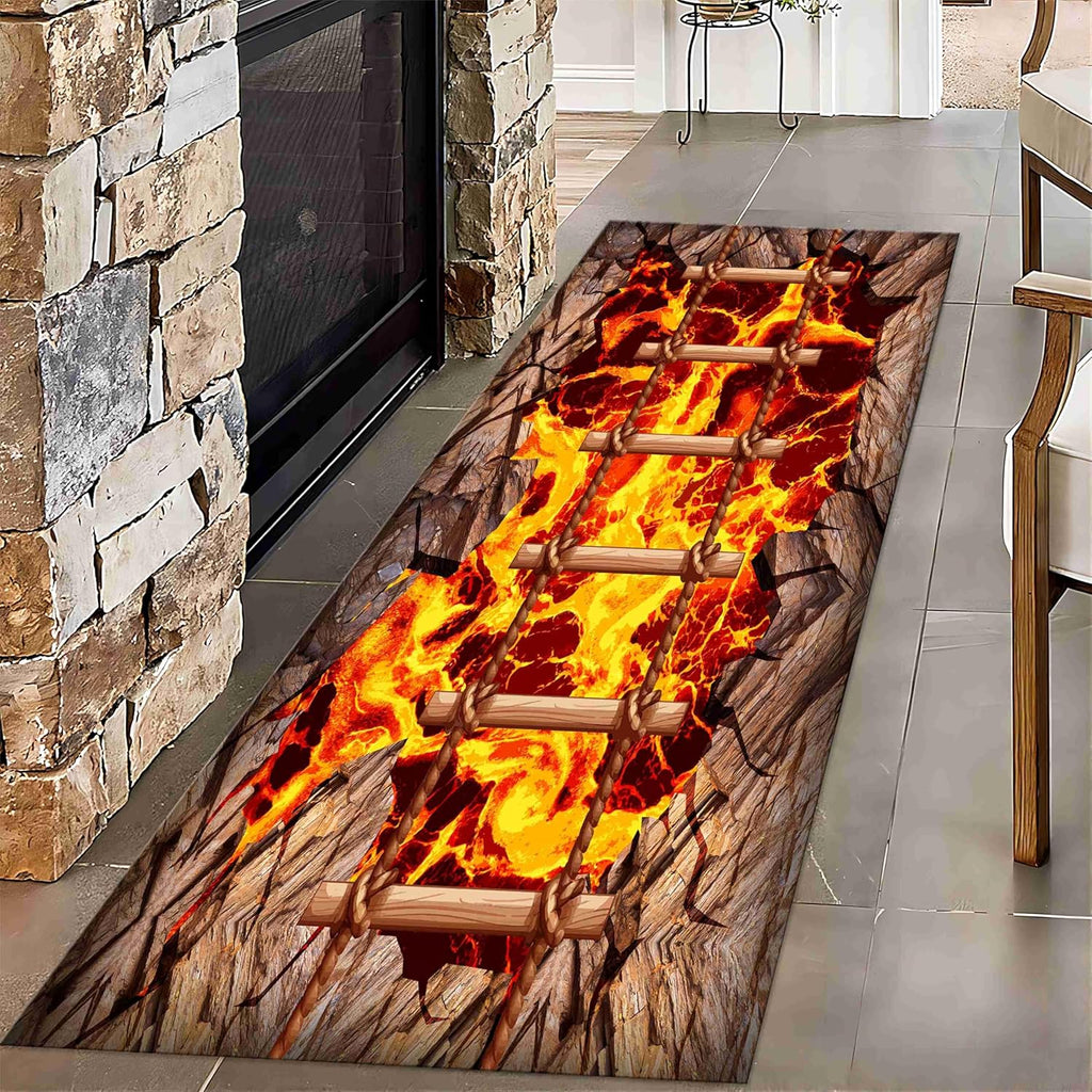 3D Optical Illusion Volcano Hallway Rug, 3.3x7ft, Crater Lava Texture Rock Suspension Bridge Fun Sensation of Falling Runner Rug, Low Pile Thin Foldable Carpets for Patio Nursery Entrance
