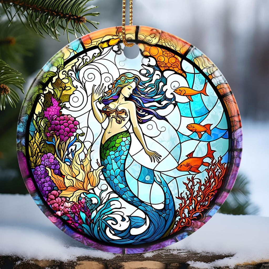 Touber Christmas Ornament, Christmas Decoration, Holiday Present Idea, Heirloom Keepsake, Round Ceramic, Gift Exchange, Gift Idea, Mermaid