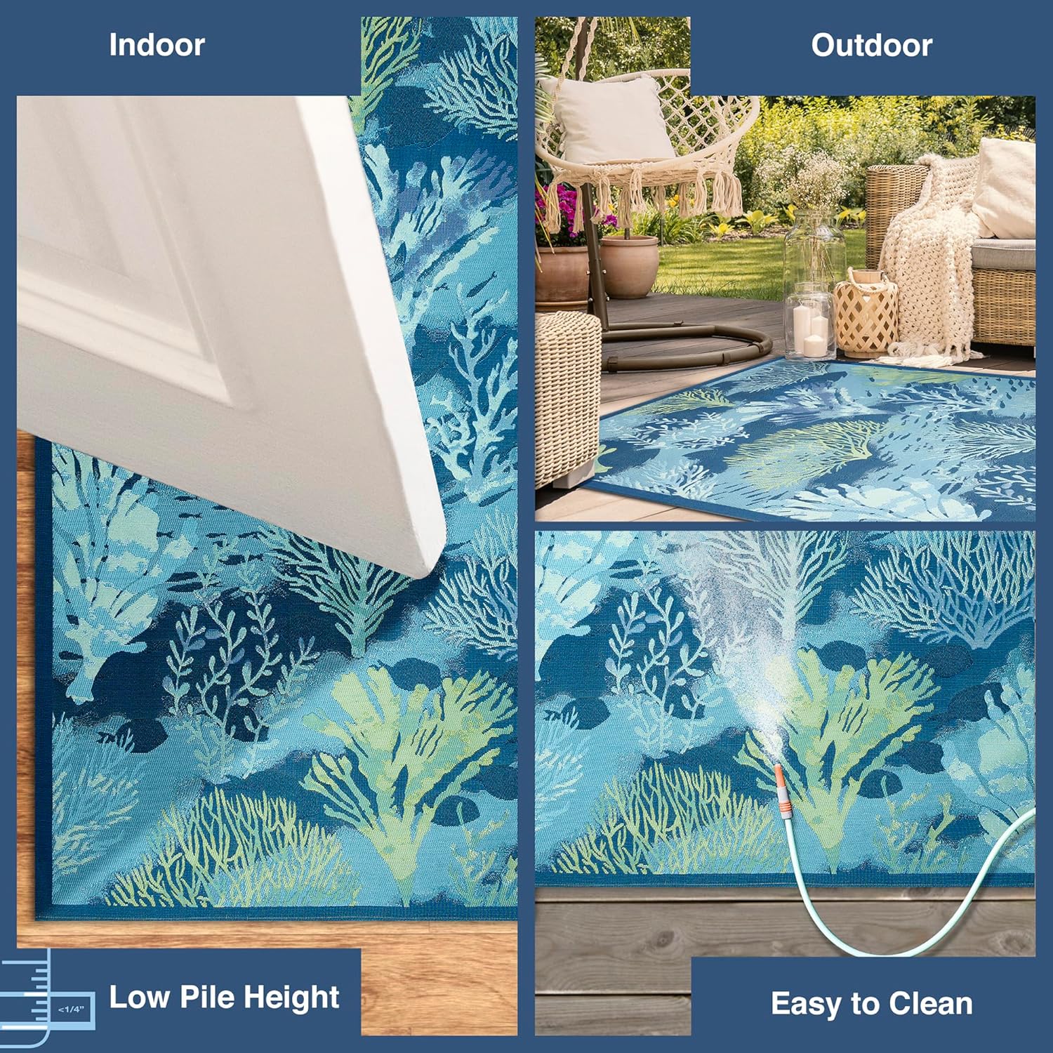 Liora Manne Marina Indoor/Outdoor Power Loomed Synthetic Blend Low Profile Area Rug - Transitional Border Botanical Beach Colorful (Coral Garden Lapis) (1'11" x 7'6")