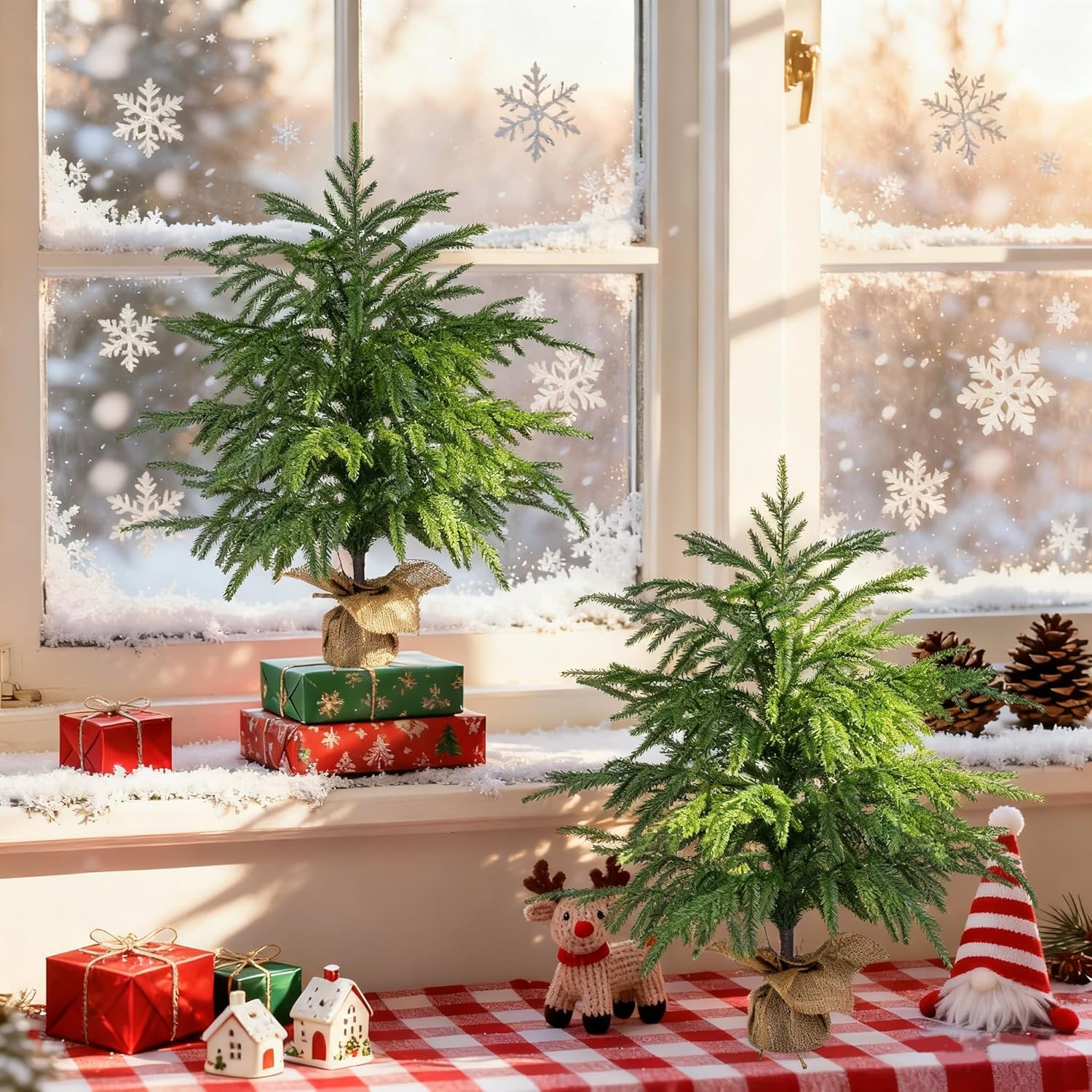2FT Artificial Norfolk Pine Tree, 2pc Artificial Christmas Tree Faux Potted Plants for Front Porch Christmas Indoor Outdoor Decor