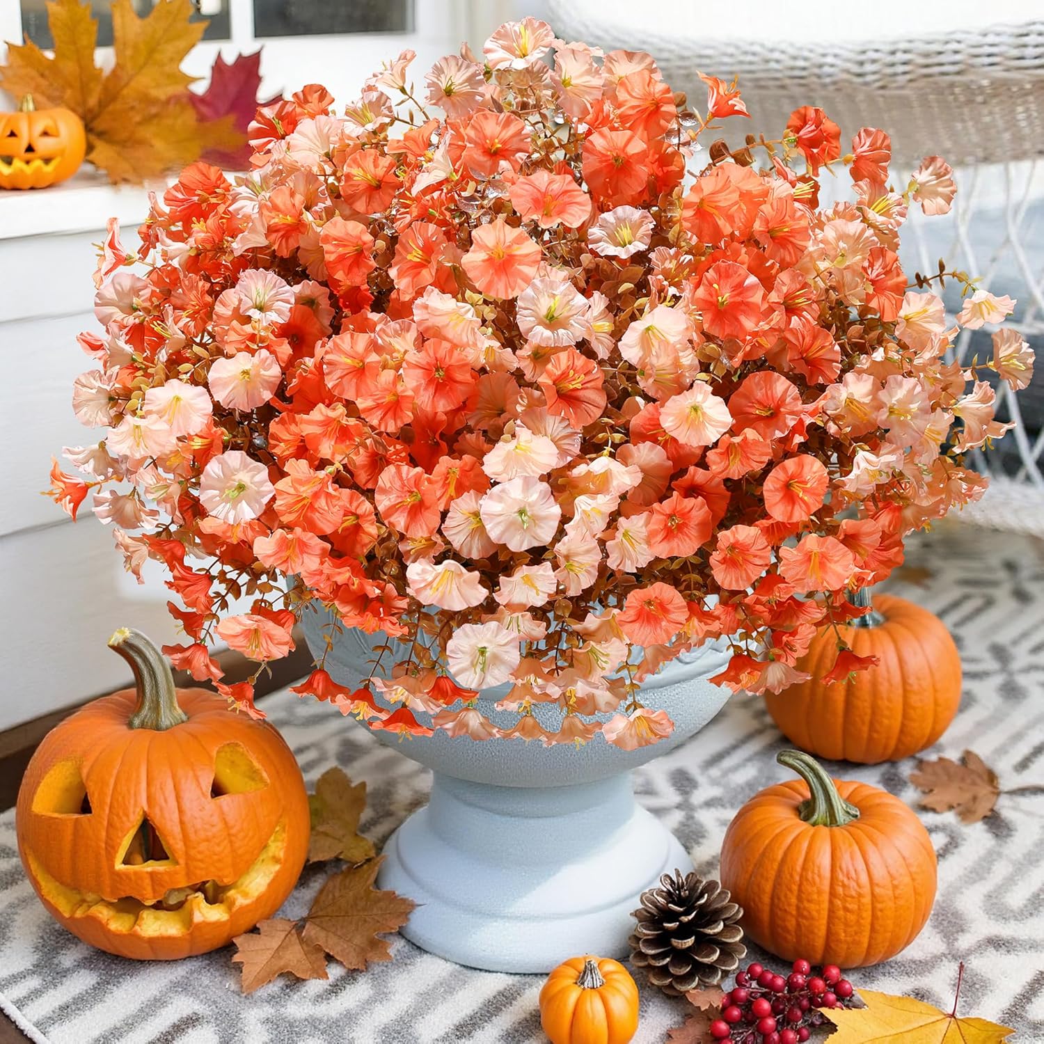 Fake Mums Fall Artificial Flowers Plants for Outdoors Autumn Decoration, 12 Bundles Silk Morning Glory with Eucalyptus Realistic UV Resistant Faux Mums for Outside Planter Yard Garden Home Indoor, Mix