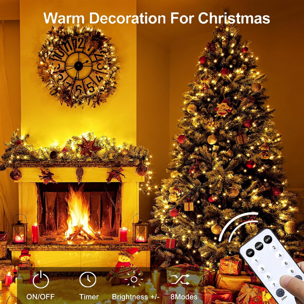 Upgraded 105FT 300 LED Fairy Lights Plug in Outdoor/Indoor, Timer & Remote & 8 Modes, Silver Wire Christmas String Lights, Waterproof Twinkle Lights for Xmas Tree Holiday Party Garden