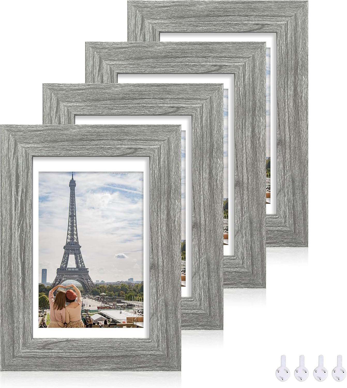 5x7 Picture Frame Set of 4, Made of Real Glass and Grey Wooden Frame, 5 by 7 Photo for Wall or Tabletop - Display Picture 4x6 with Mat or 5x7 Without Mat