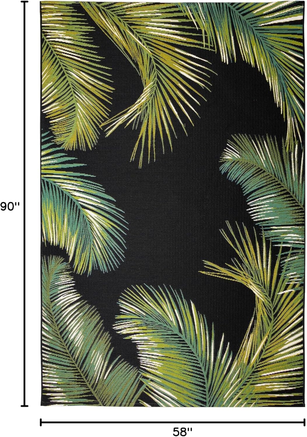 Liora Manne Marina Indoor/Outdoor Power Loomed Synthetic Blend Low Profile Area Rug - Transitional Border Botanical Beach Colorful (Palm Border Black) (4'10" x 7'6")