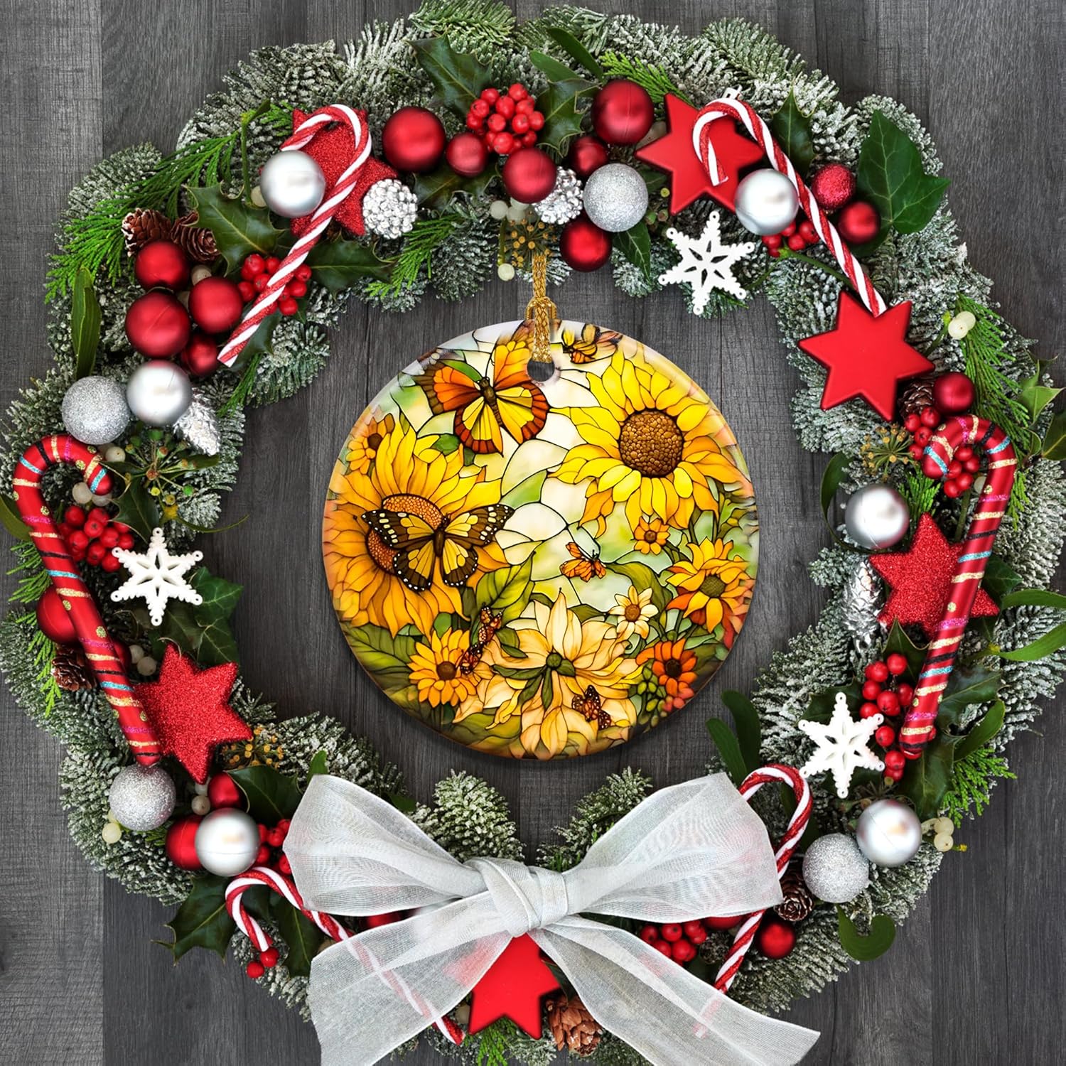 Stained Ceramic Butterfly with Sunflower Christmas Hanging Ornament for Tree Decorations Ideas