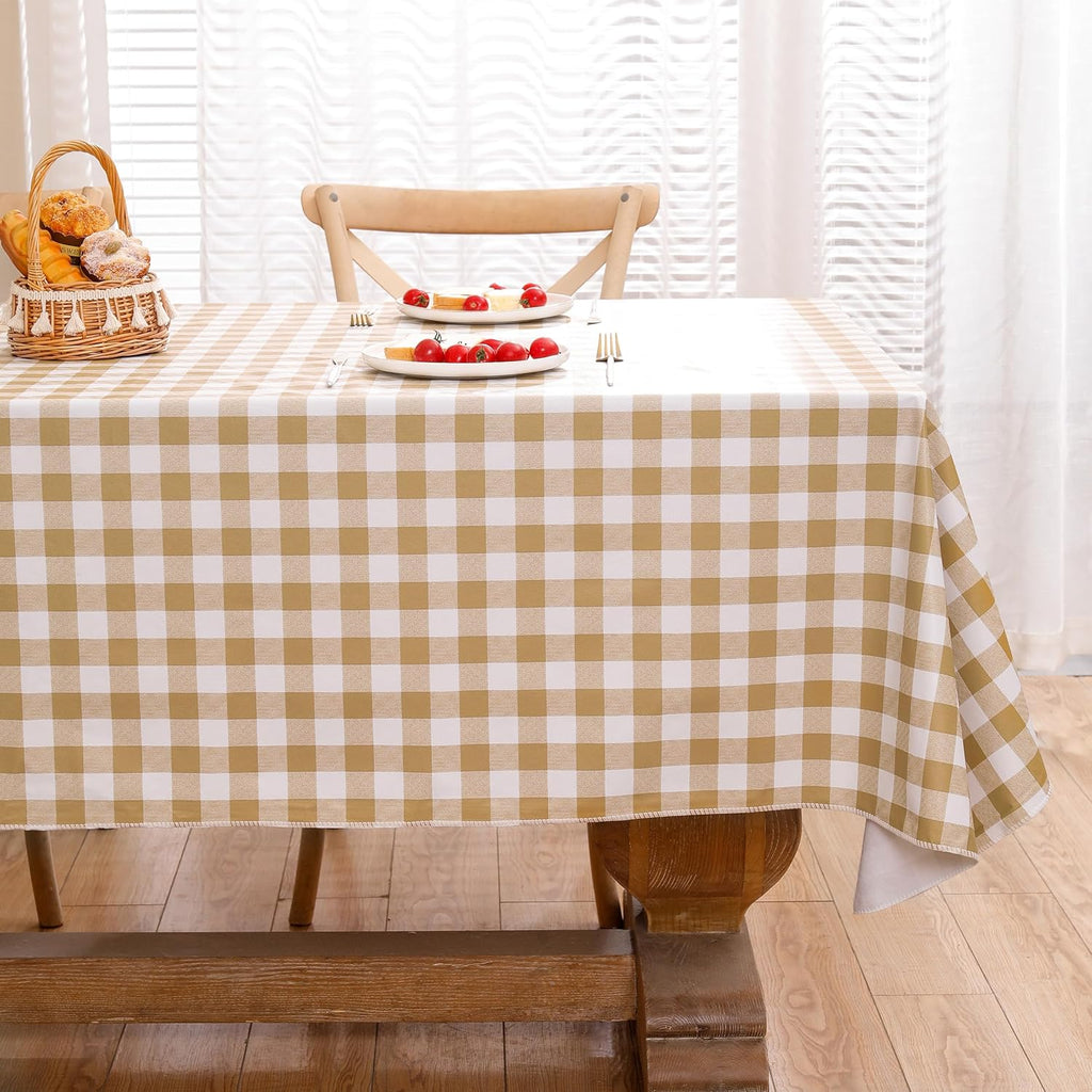 Heavy Duty Vinyl Tablecloth with Flannel Backing Waterproof Oil-Proof Plastic Table Cloth Stain-Resistant Wipeable Rectangle or Square Table Cover for Indoor and Outdoor (Khaki Checkered, 60x84 Inch)