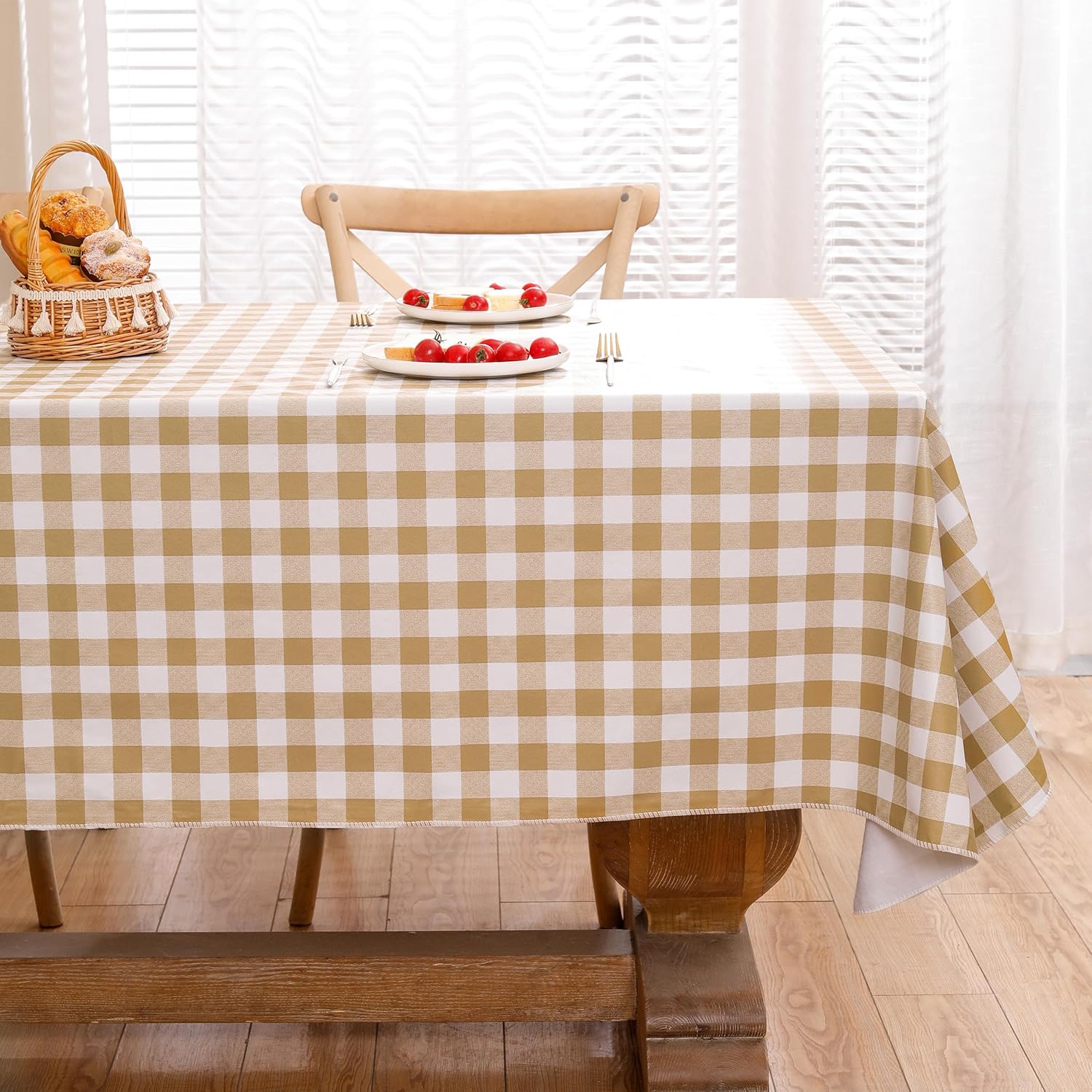 Heavy Duty Vinyl Tablecloth with Flannel Backing Waterproof Oil-Proof Plastic Table Cloth Stain-Resistant Wipeable Rectangle or Square Table Cover for Indoor and Outdoor (Khaki Checkered, 52x70 Inch)