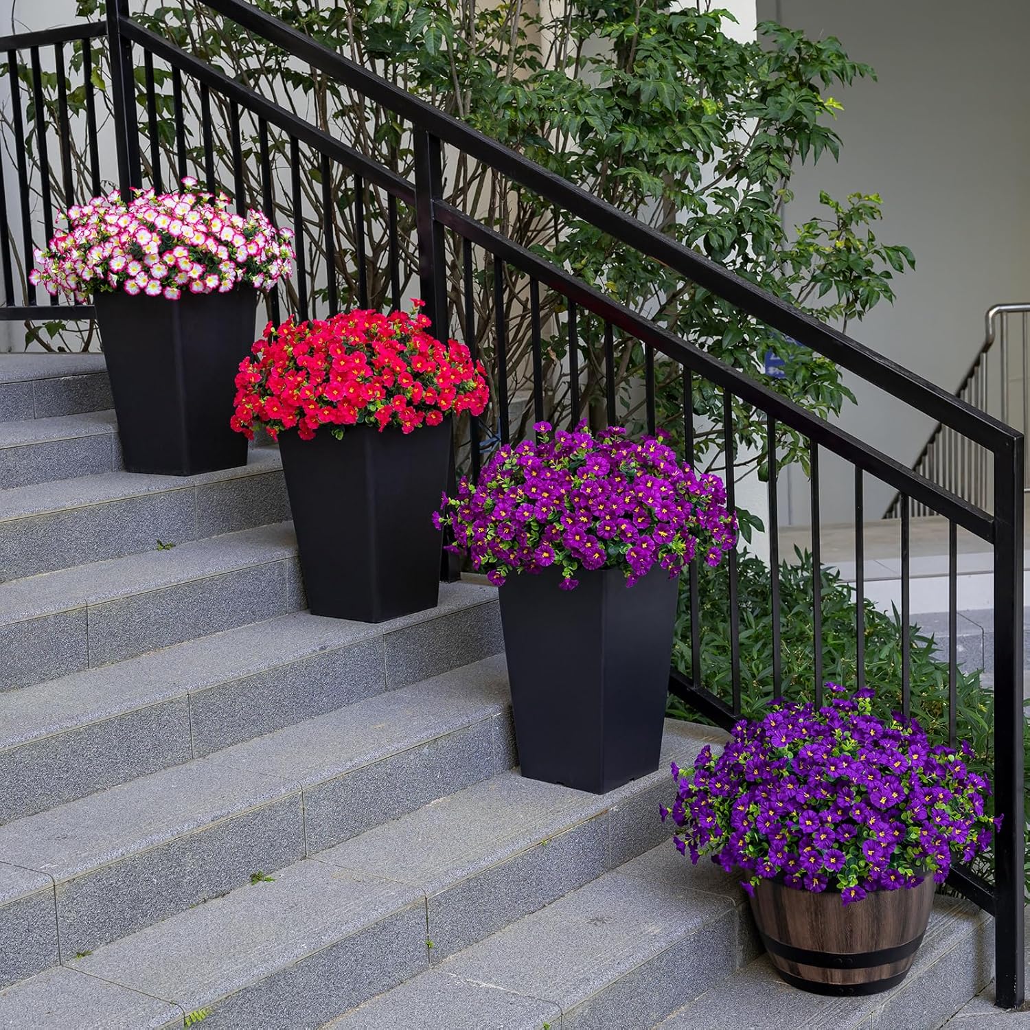 Artificial Faux Flowers for Outdoor 16 Bundles Boxwood Fake Morning Glory for Planter,UV Resistant Fake Flowers for Home Porch Patio Outside（Fuchsia）