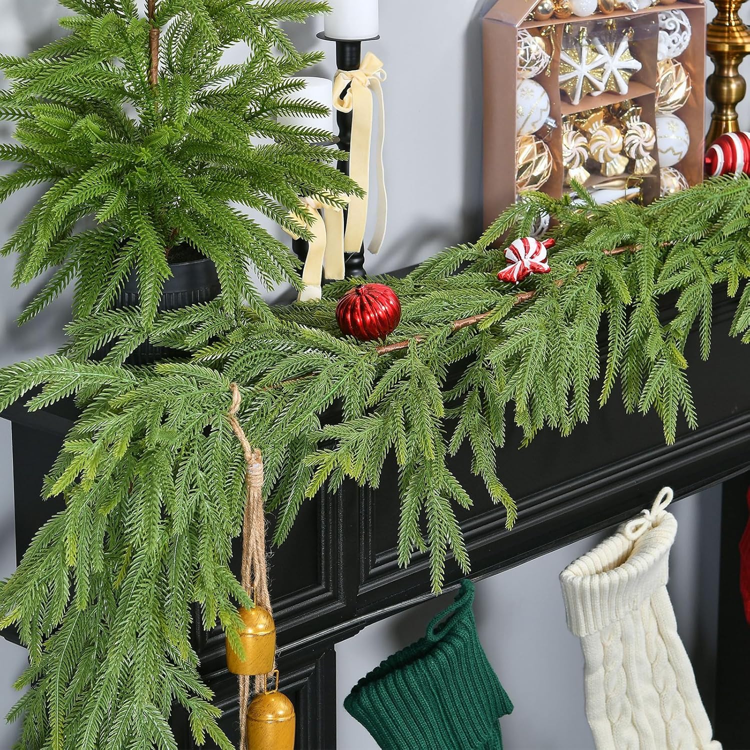 9FT 2Pack Real Touch Christmas Norfolk Pine Garland, Artificial Christmas Garland, Faux Greenery Garland with Lifelike Texture for Fireplace Mantle Table Wall Stair Indoor Outdoor Holiday Xmas Decor