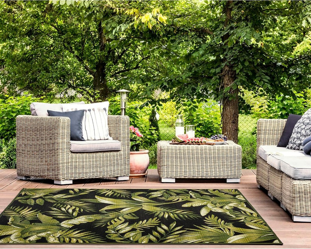 Liora Manne Marina Indoor/Outdoor Power Loomed Synthetic Blend Low Profile Area Rug - Transitional Graphic Botanical Beach Camping (Jungle Leaves Black) (6'6" x 9'4")