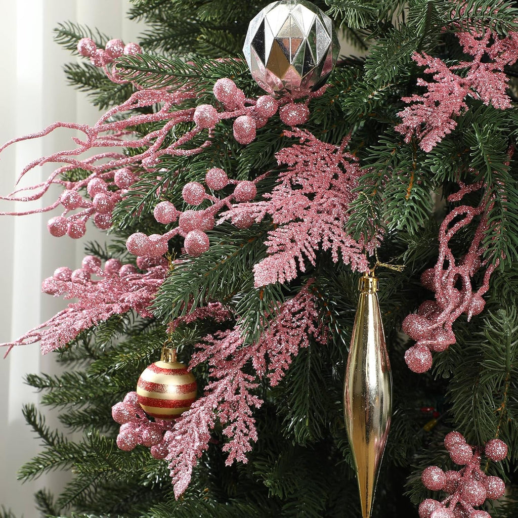 75 Pcs Christmas Glitter Branches 3 Styles Artificial Christmas Picks Berries Stems Pine Needles Floral Twig Spray for Xmas Tree Ornaments DIY Wreath Garland(Pink)