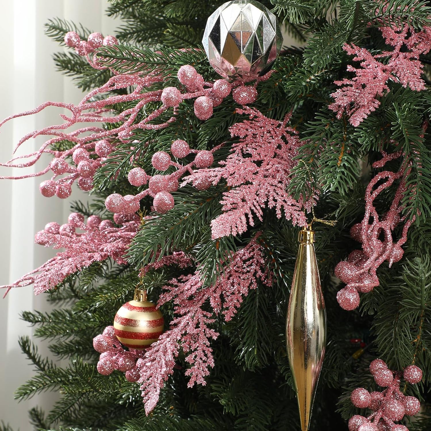 75 Pcs Christmas Glitter Branches 3 Styles Artificial Christmas Picks Berries Stems Pine Needles Floral Twig Spray for Xmas Tree Ornaments DIY Wreath Garland(Pink)