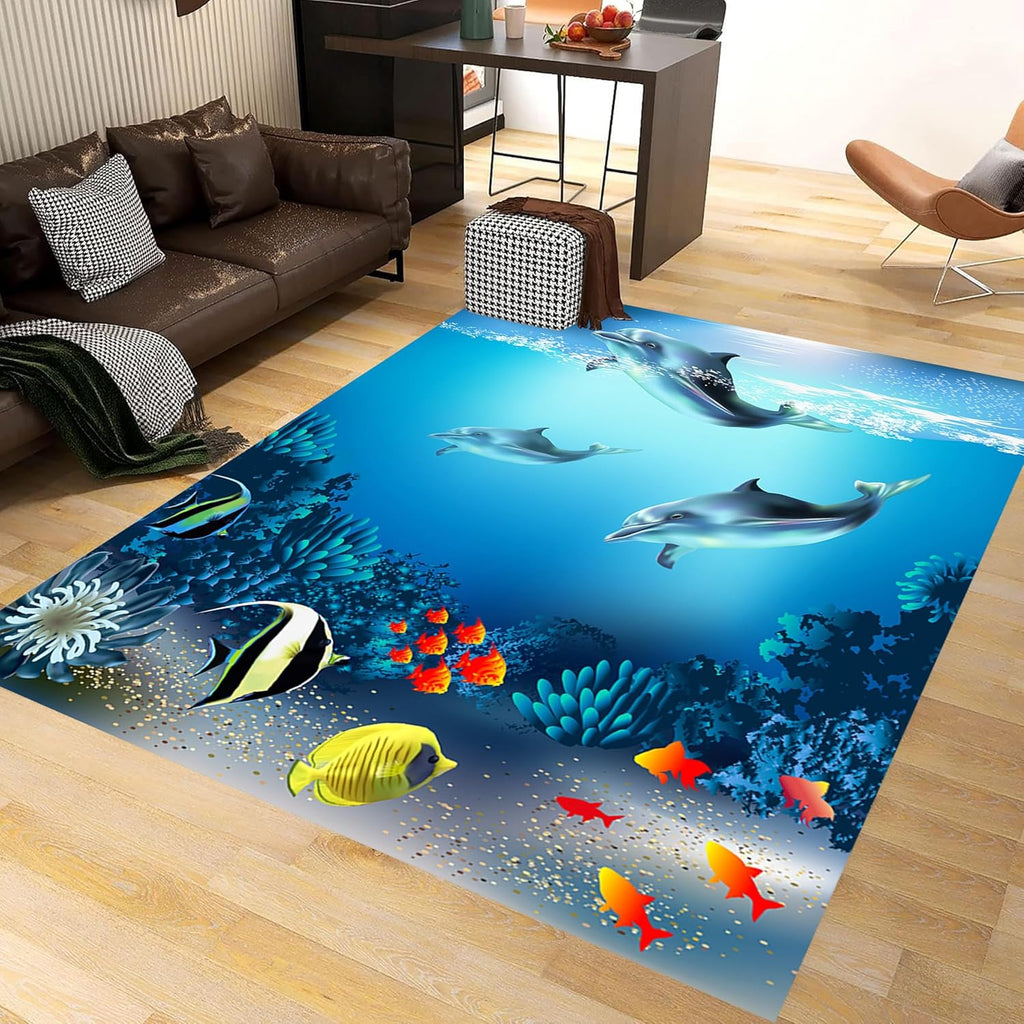 Sea Dolphin Indoor Area Mat, 6x8ft, Ocean Beach Coral Fish Bathroom Rug, Blue Ocean Theme Reduce Noise Home Decor Mat, Nursery Decor Washable Nonskid Carpet for Office Floor Sofa