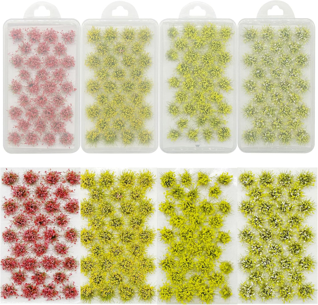 Woohome 128 PCS Miniature Colorful Flower Cluster, 4 Color Miniature Flowers Plants Model Grass Tufts Flower Vegetation Groups Static Grass Tufts for DIY Model Train Landscape Railroad Scenery