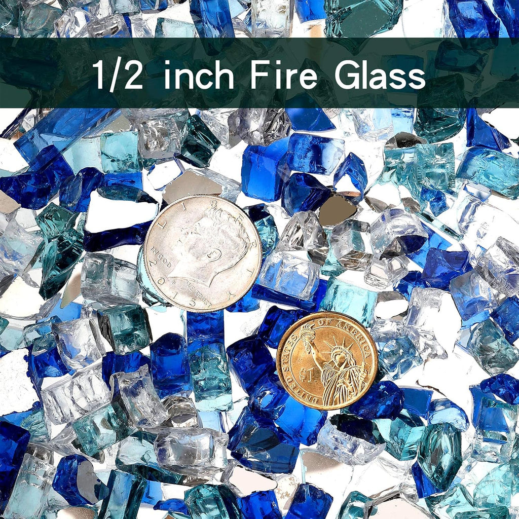 Onlyfire 10 Pounds Blended Reflective Fire Glass for Fire Pit Fireplace and Landscaping, 1/2 Inch Mixed Colored High Luster Fireglass Rocks for Outdoor and Indoor Use - Aqua Blue+Platinum+Cobalt Blue