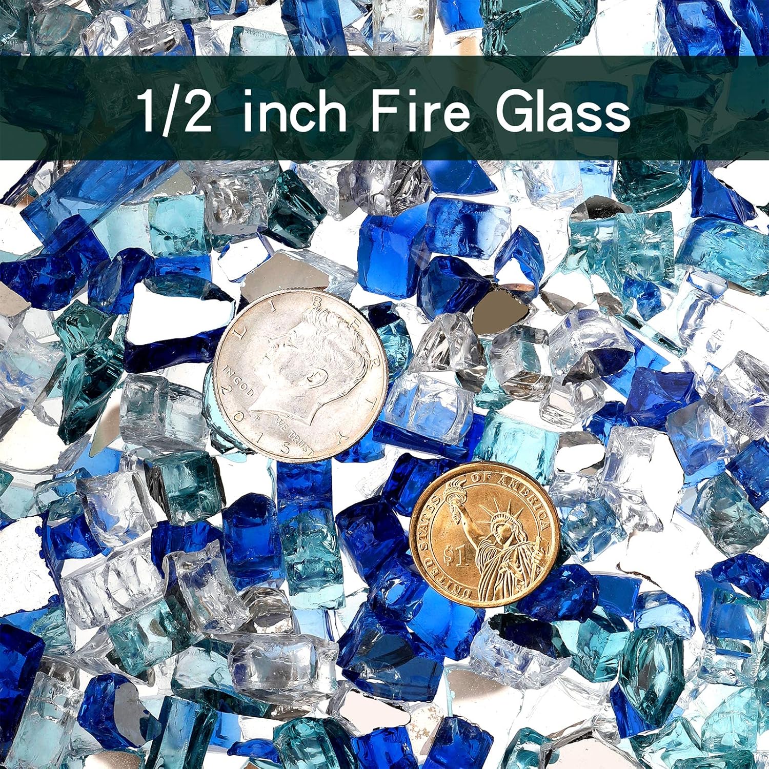 Onlyfire 10 Pounds Blended Reflective Fire Glass for Fire Pit Fireplace and Landscaping, 1/2 Inch Mixed Colored High Luster Fireglass Rocks for Outdoor and Indoor Use - Aqua Blue+Platinum+Cobalt Blue