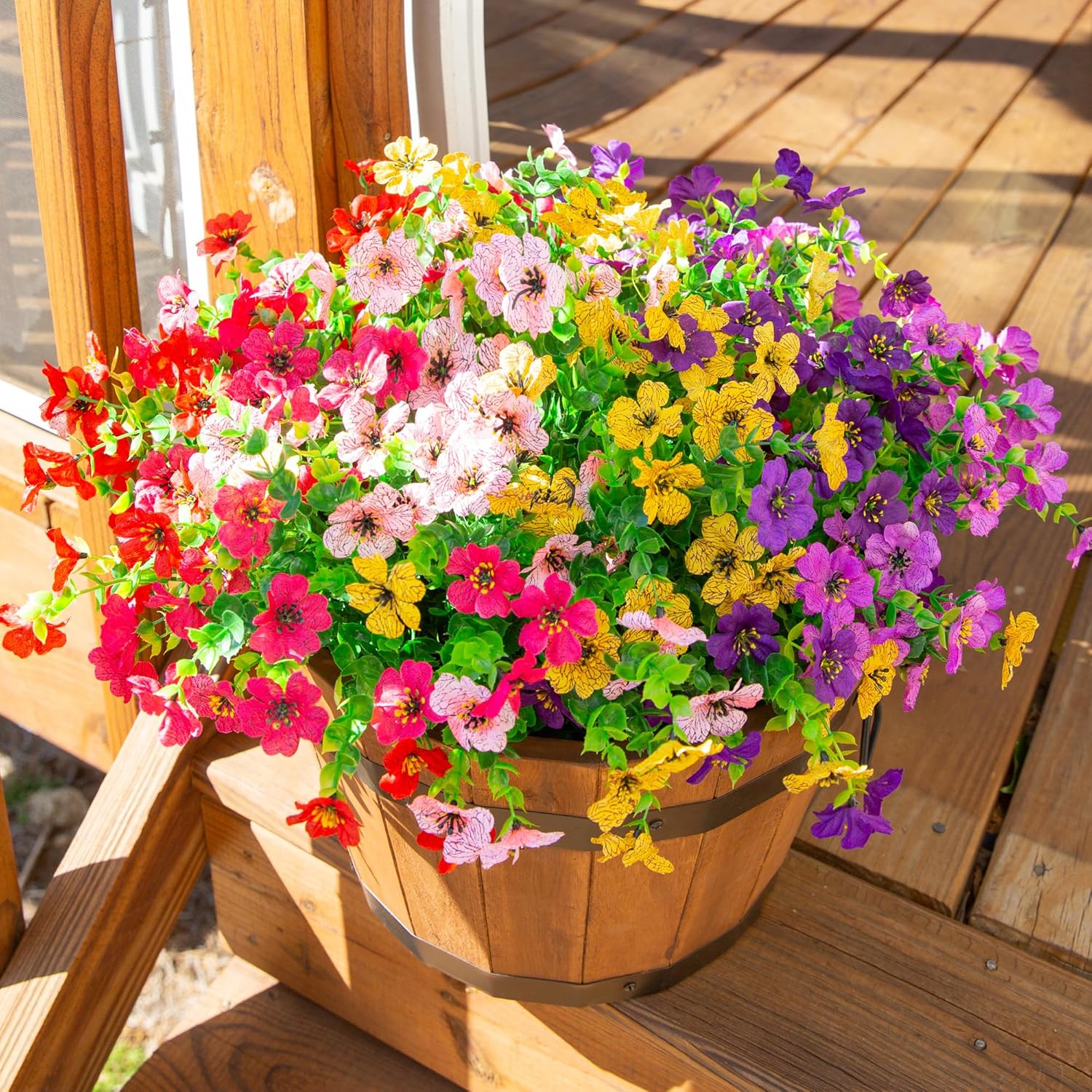 HyeFlora Artificial Flowers for Outdoor Indoor Garden Home Decoration, Faux Flower Daisy with Eucalyptus Leaves Fake Plants Greenery Boxwood Porch Patio, 12 Bundles (6 Multicolor)