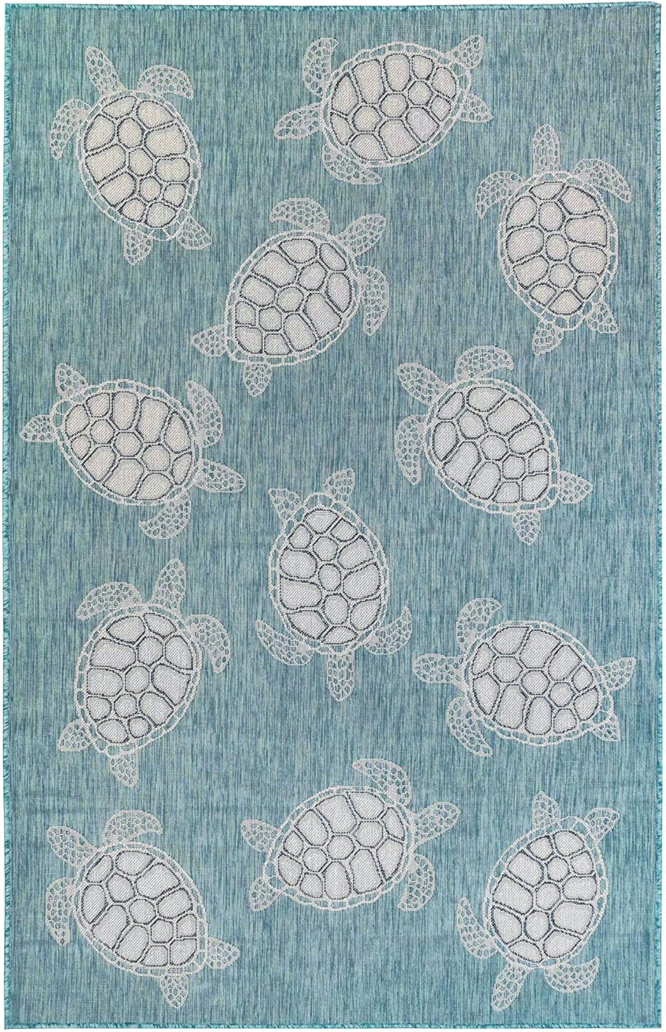 Liora Manne CARMEL Indoor/Outdoor Power Loomed Synthetic Blend Low Profile Area Rug - Transitional Coastal Turtle Decorative (Seaturtles Aqua) (6'6" x 9'4")