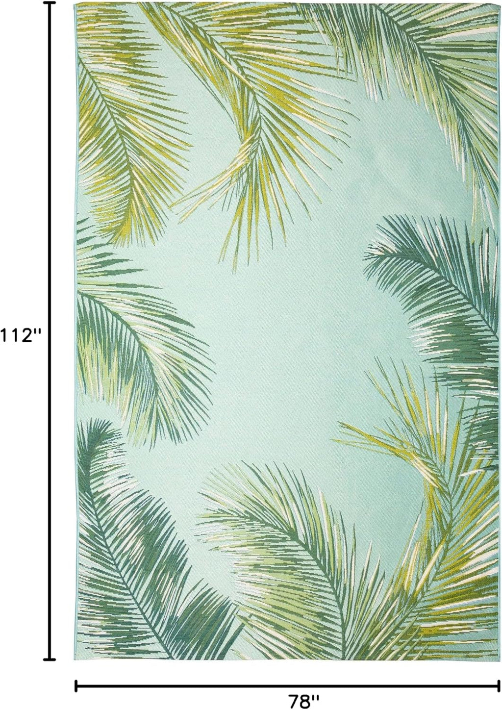 Liora Manne Marina Indoor/Outdoor Power Loomed Synthetic Blend Low Profile Area Rug - Transitional Border Botanical Beach Colorful (Palm Border Aqua) (6'6" x 9'4")