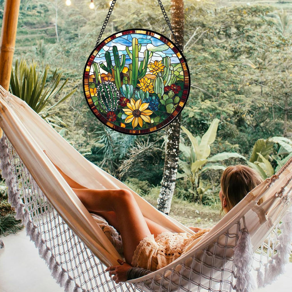 Stained Glass Window Hanging Green Cactus with Yellow Flowers Large 11.8" - Suncatcher Door Garden Sun Catcher Home Decor Birthday Christmas for Mom Men Woman Friend Nana