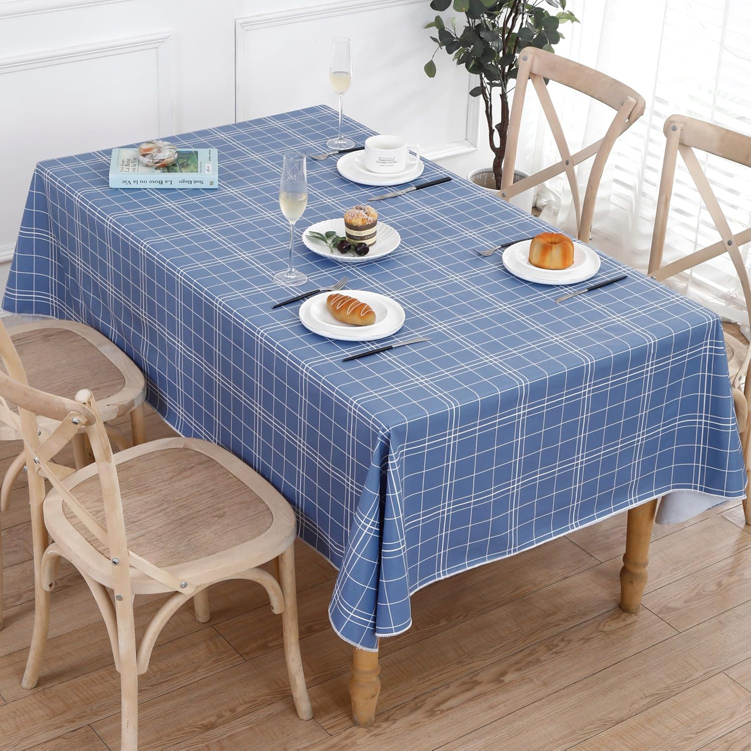 Walrus Heavy Duty Vinyl Tablecloth with Flannel Backing Waterproof Oil-Proof Plastic Table Cloth Stain-Resistant Wipeable Rectangle or Square Table Cover for Indoor and Outdoor (Blue Grid,52x70 Inch)