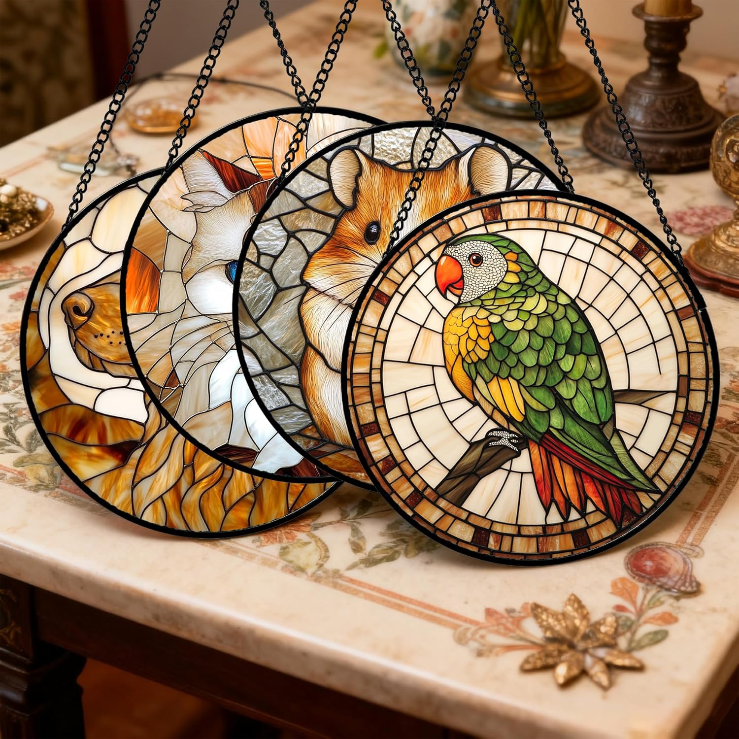 Stained Glass Window Hanging 4 Pcs Set Cute Cat and Dog 6.3" - Animal Suncatcher Door Garden Sun Catcher Decor Birthday Mother's Day for Mom Woman Nana Girl Boy Friend