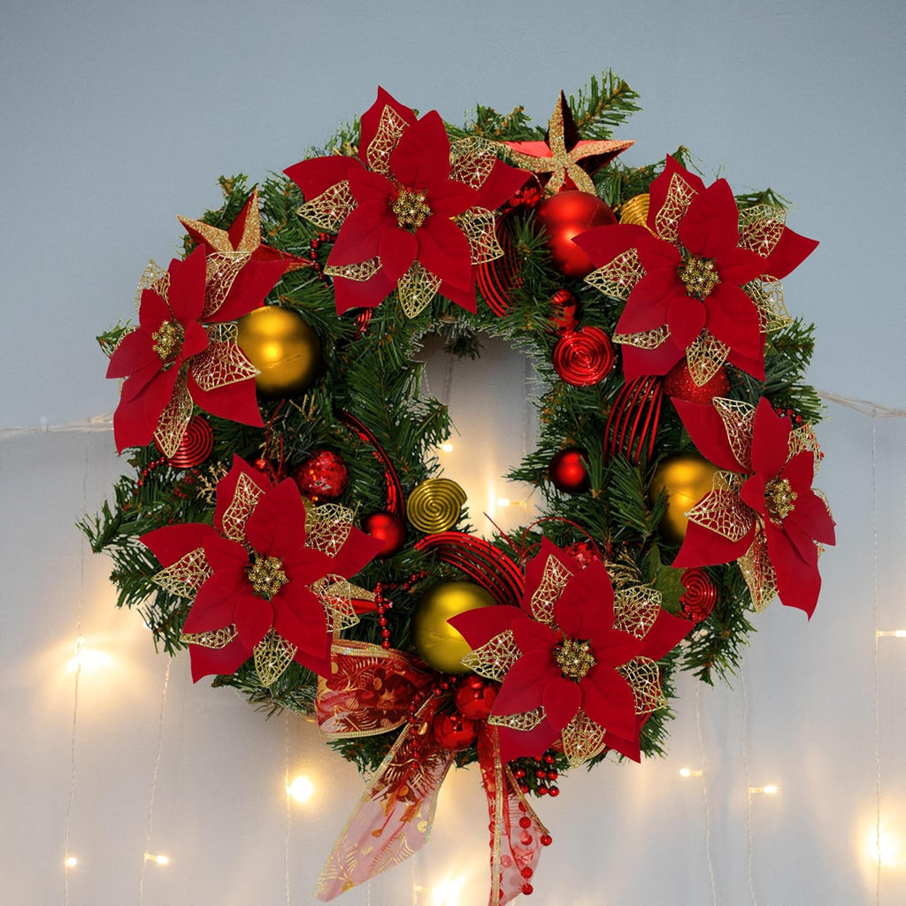 12 PCS Poinsettia Flower Artificial Poinsettia Christmas Decoration 8.7'' Red Glitter Poinsettias Christmas Ornaments Christmas Tree Flower Decor with Clips DIY Xmas Wreath Holiday Home Party Decor