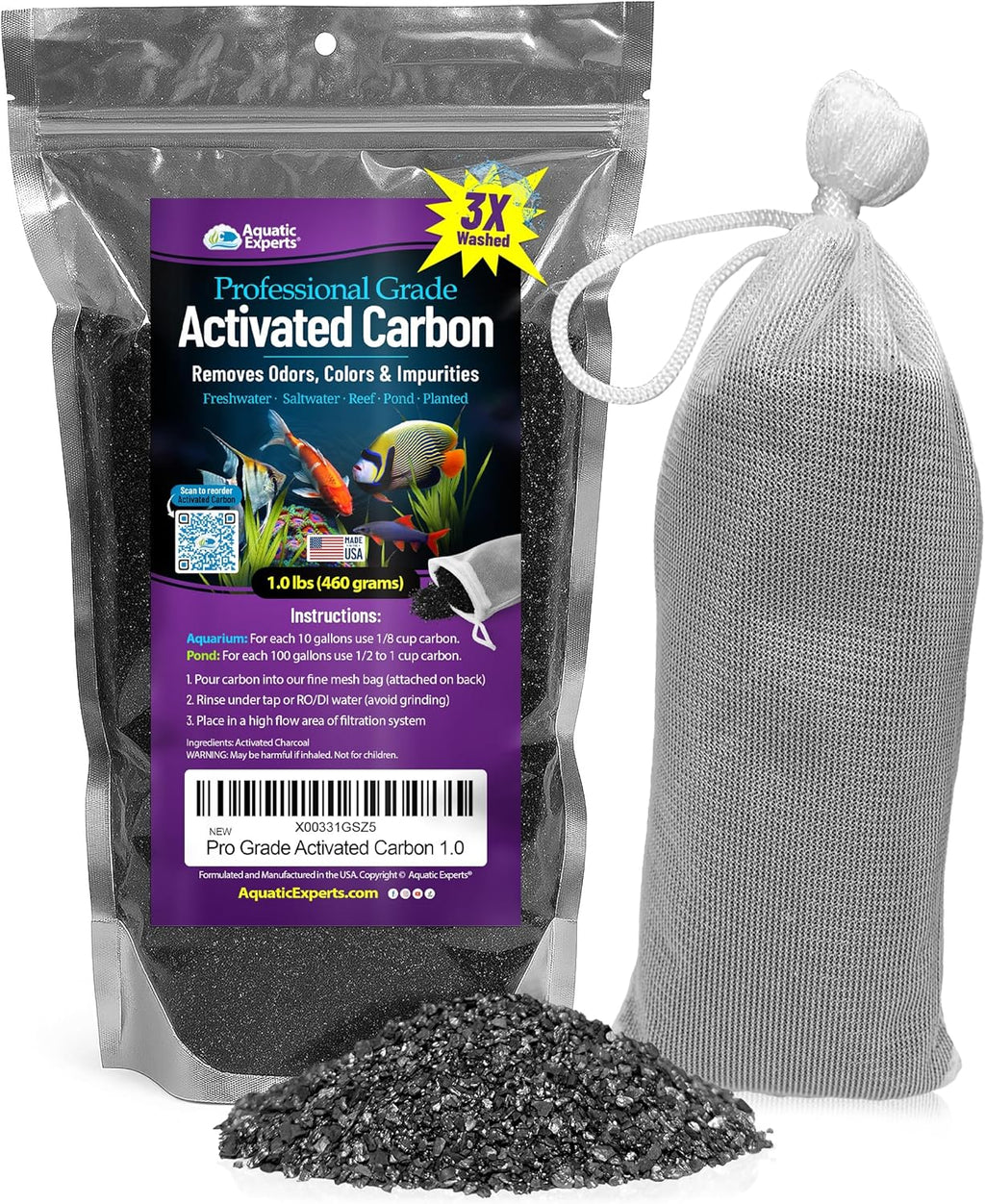 Premium Activated Carbon, Aquarium Carbon for Fish Tank Filter, Aquarium Filter Media, Granulated Charcoal for Fish Tanks, Activated Charcoal Bulk (1 lbs with Fine Mesh Bag)