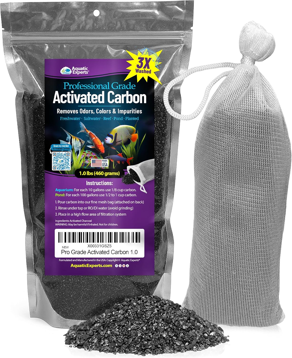 Premium Activated Carbon, Aquarium Carbon for Fish Tank Filter, Aquarium Filter Media, Granulated Charcoal for Fish Tanks, Activated Charcoal Bulk (1 lbs with Fine Mesh Bag)