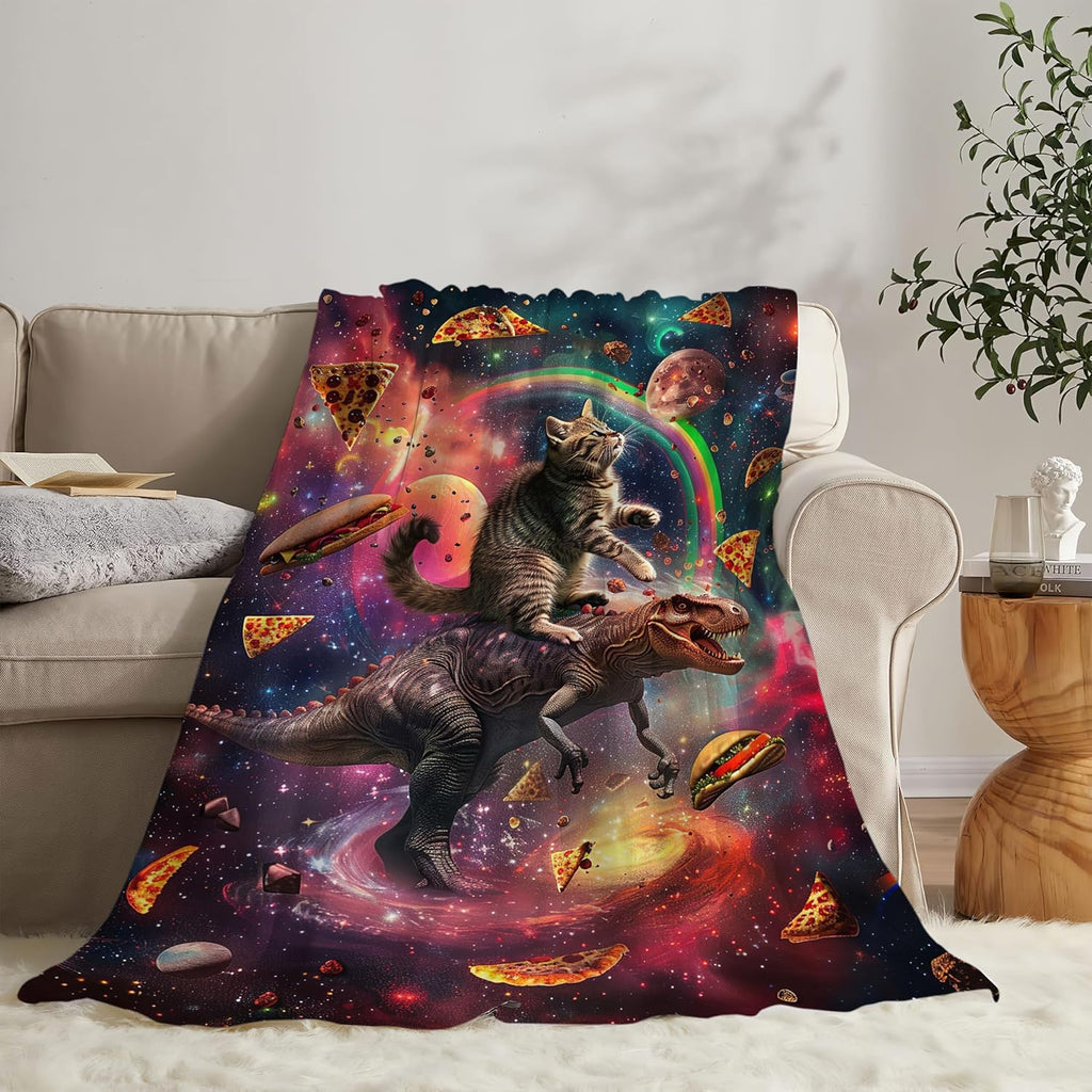 Dinosaur Cat Throw Blanket Funny Hamburger Pizza Dinosaur Cat Stuff Gifts for Kids Girls Boys Adults Women Man Soft Cozy Warm Plush Fluffy Fuzzy Fleece Blanket Decorr 60''X80''