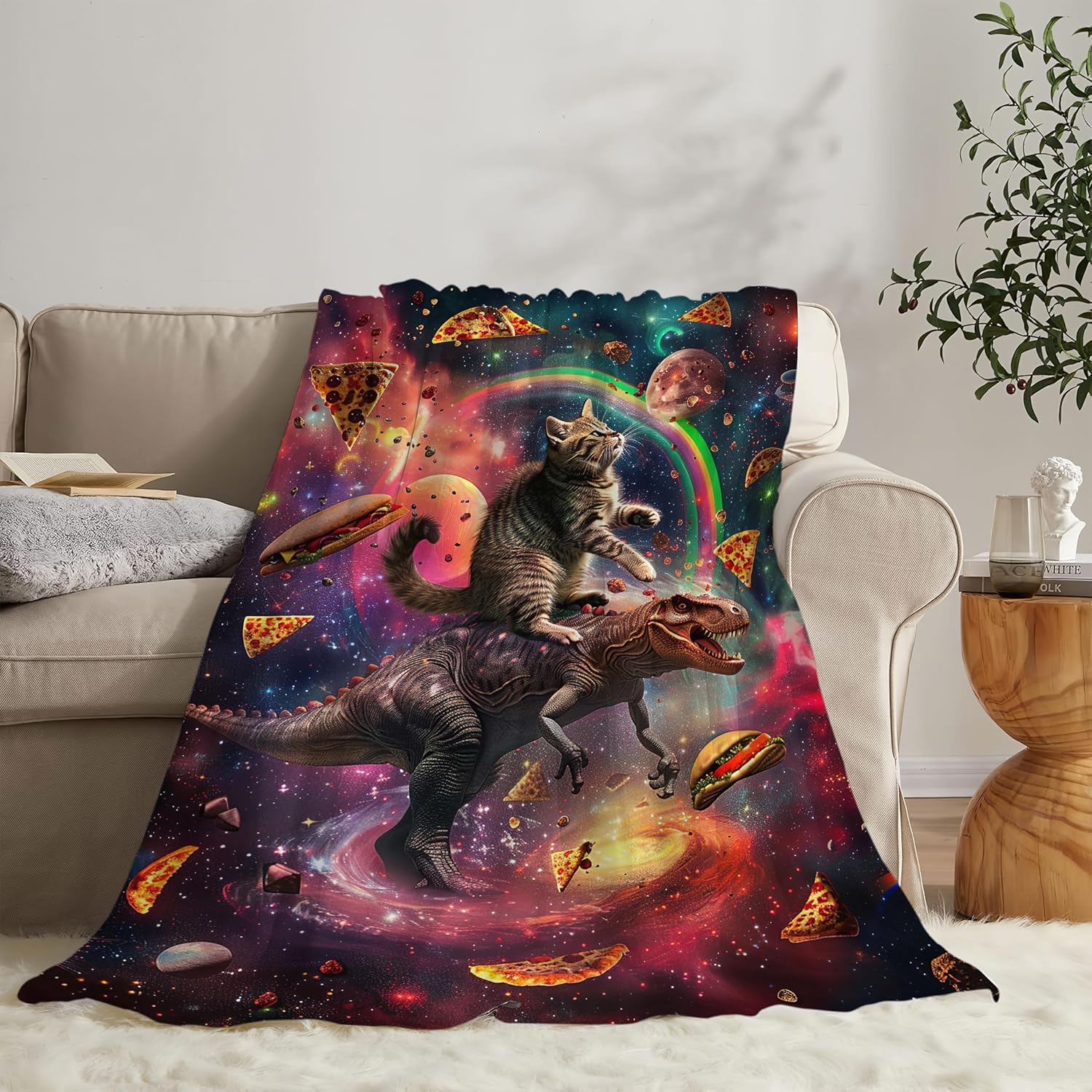 Dinosaur Cat Throw Blanket Funny Hamburger Pizza Dinosaur Cat Stuff Gifts for Kids Girls Boys Adults Women Man Soft Cozy Warm Plush Fluffy Fuzzy Fleece Blanket Decorr 60''X80''