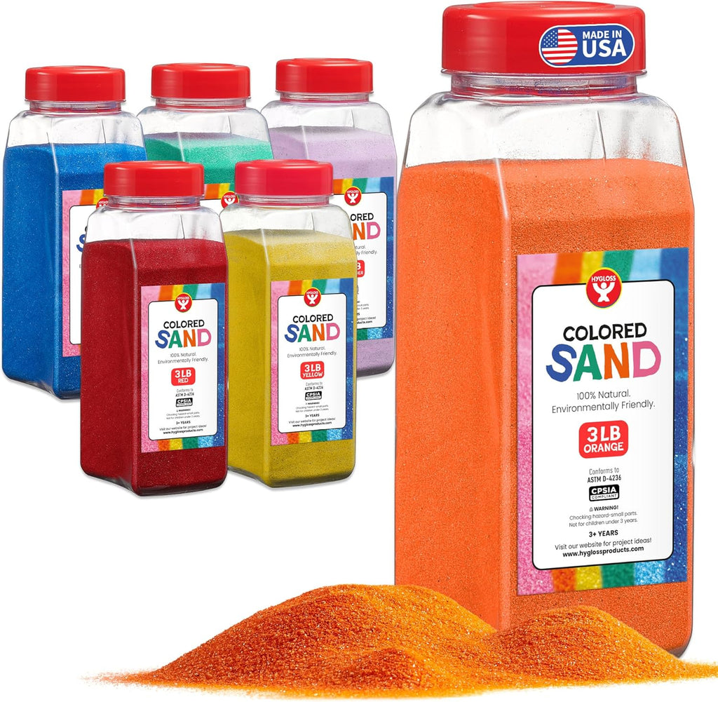 Hygloss Colored Sand for Crafts - 6 Assorted Colors - 3 lb Vibrant Colorful Fine Sensory Play Sand Art Kits for Kids - Classroom Activities for Children 3 4 5 6 7 8 9 10 11 12 - Safe for Ages 3+